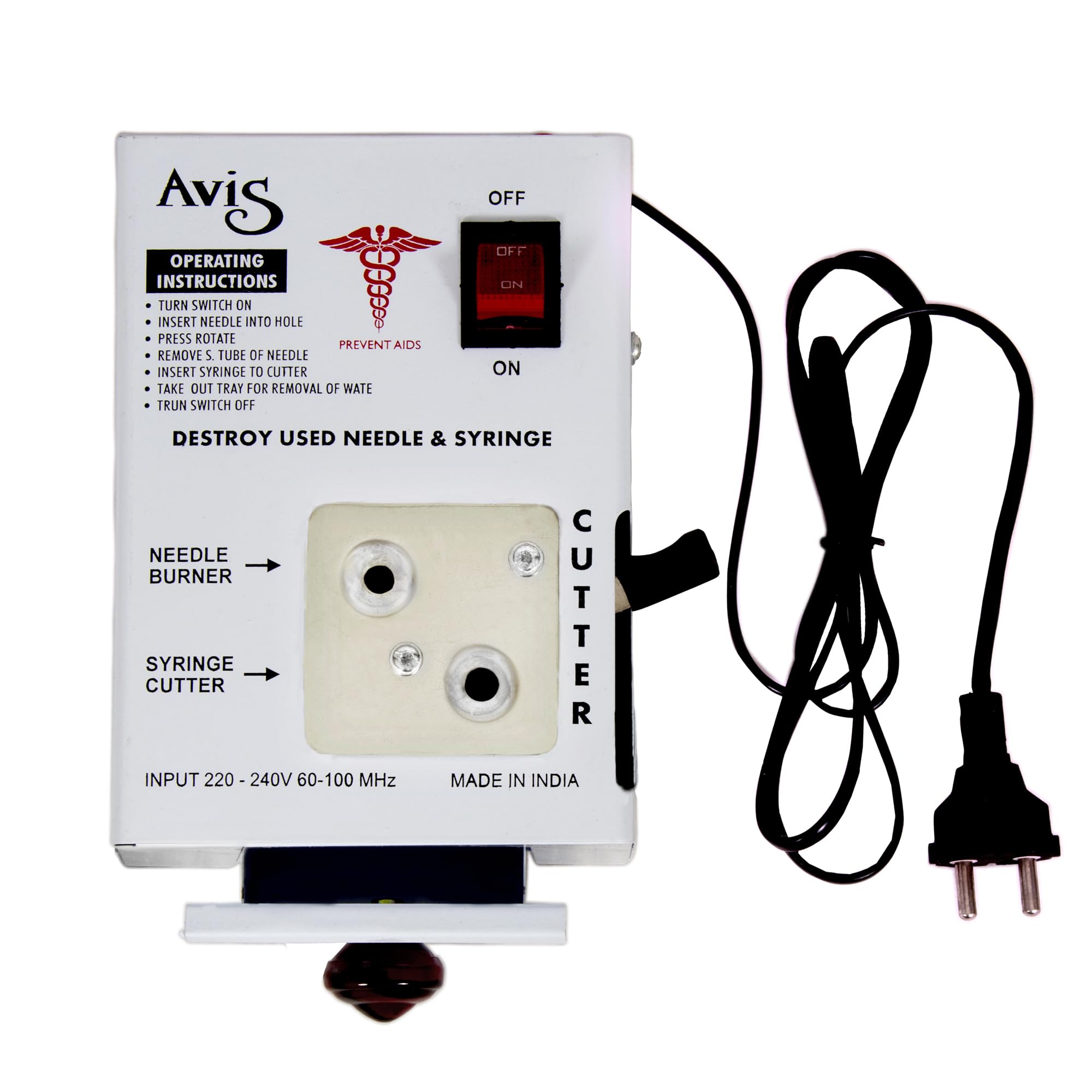 AVIS Electronic Needle & Syringe Destroyer Machine for Hospital & Laboratory Shock Proof Metal Body Mechanism Low Power Consumption With On/Off Switch