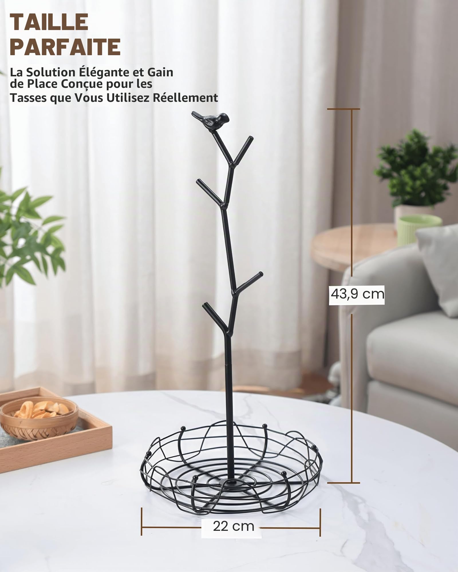Porte-tasses décoratif pour comptoir | Arbre à tasses à café avec panier de rangement nid d'oiseau | Peut contenir 4 grandes tasses | Décoration de cuisine fantaisiste, accessoires de bar à café et