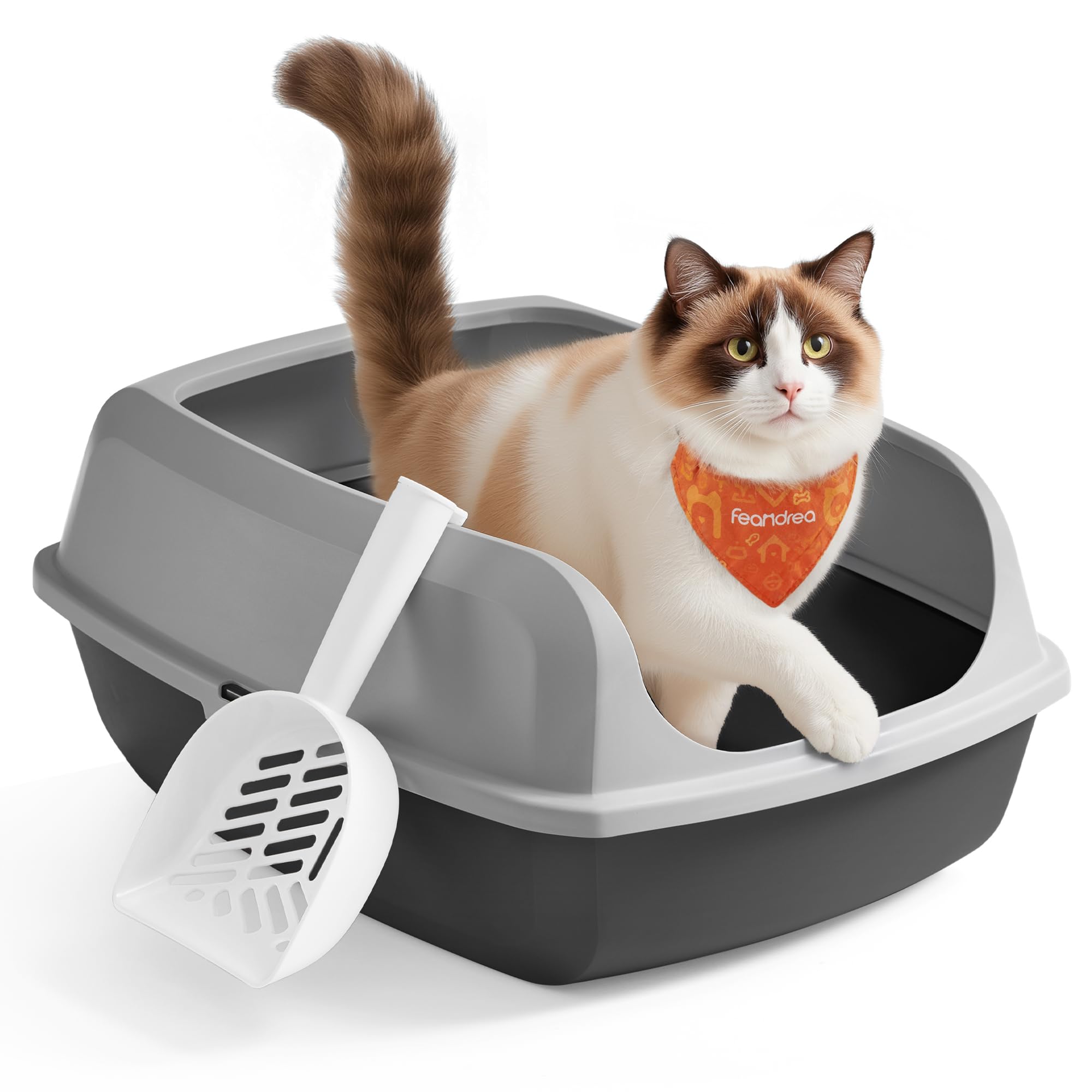 Feandrea Caja Arenero con Bordes Altos, Tamaño XXL, Abierta, con Pala, para Gatitos y Gatos Grandes, Gris Pizarra PPT010GN01