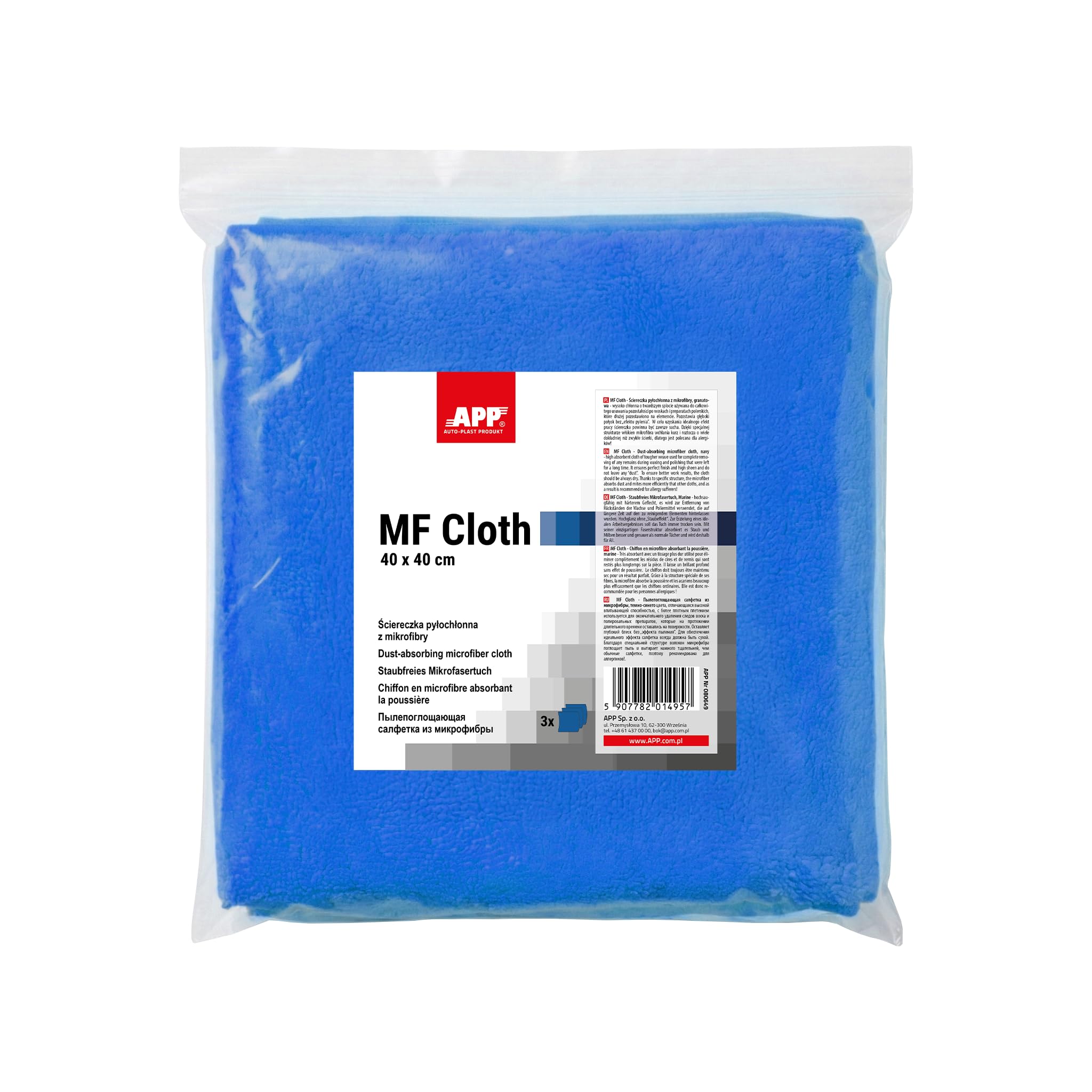 APP MF Cloth – Panni in Microfibra ad Alta Assorbenza per Auto 40×40 cm, 380 g/m² | Ideali per Rimuovere Cera e Polish | Pulizia Senza Aloni e Senza Graffi | Confezione da 3 Panni Blu - 3