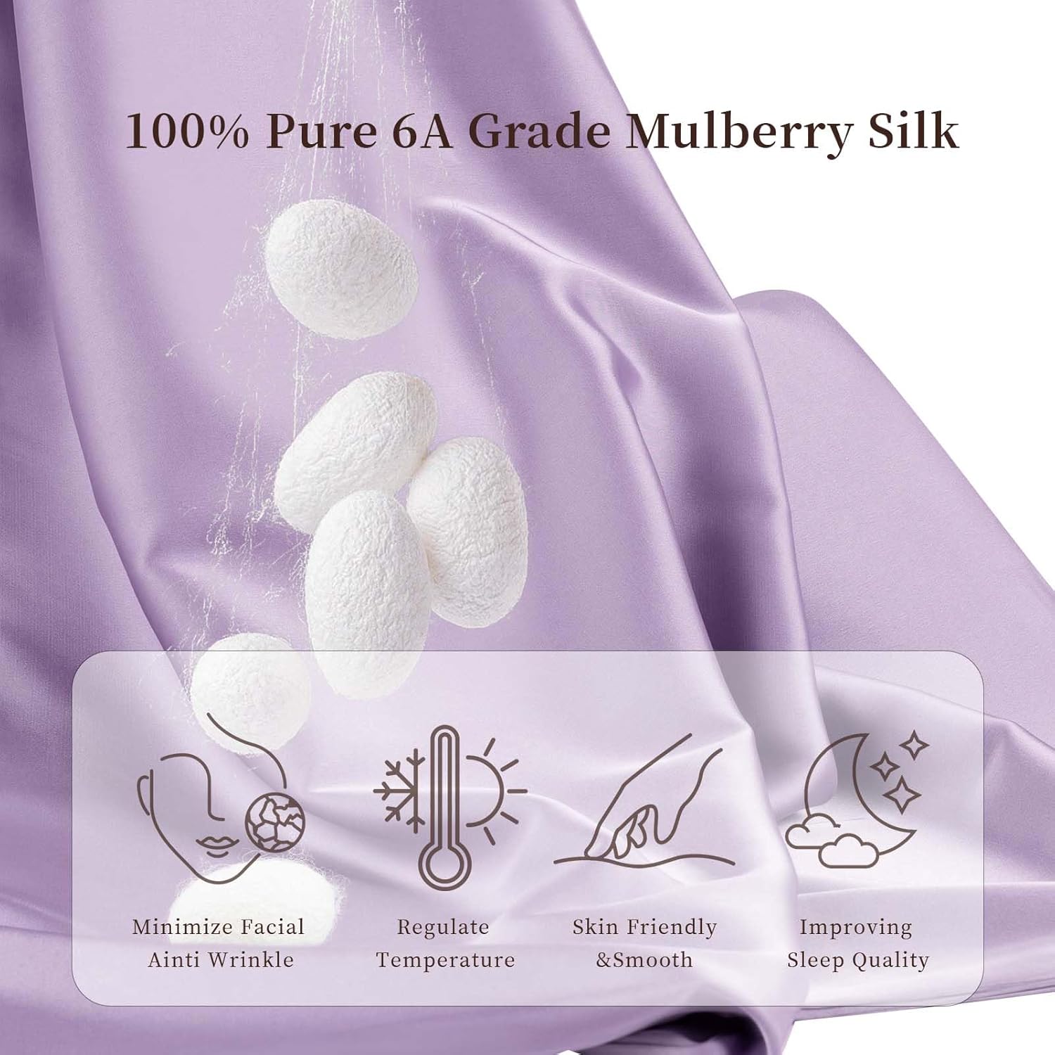 100% Pure Mulberry Silk Pillowcase for Hair and Skin, Queen Size 20”*30” Cooling Silk Pillow Case by Zipper Closure, Smooth and Soft Dual Sides Silk Pillow Cover for Women. (Violet, Queen-1 Pcs)