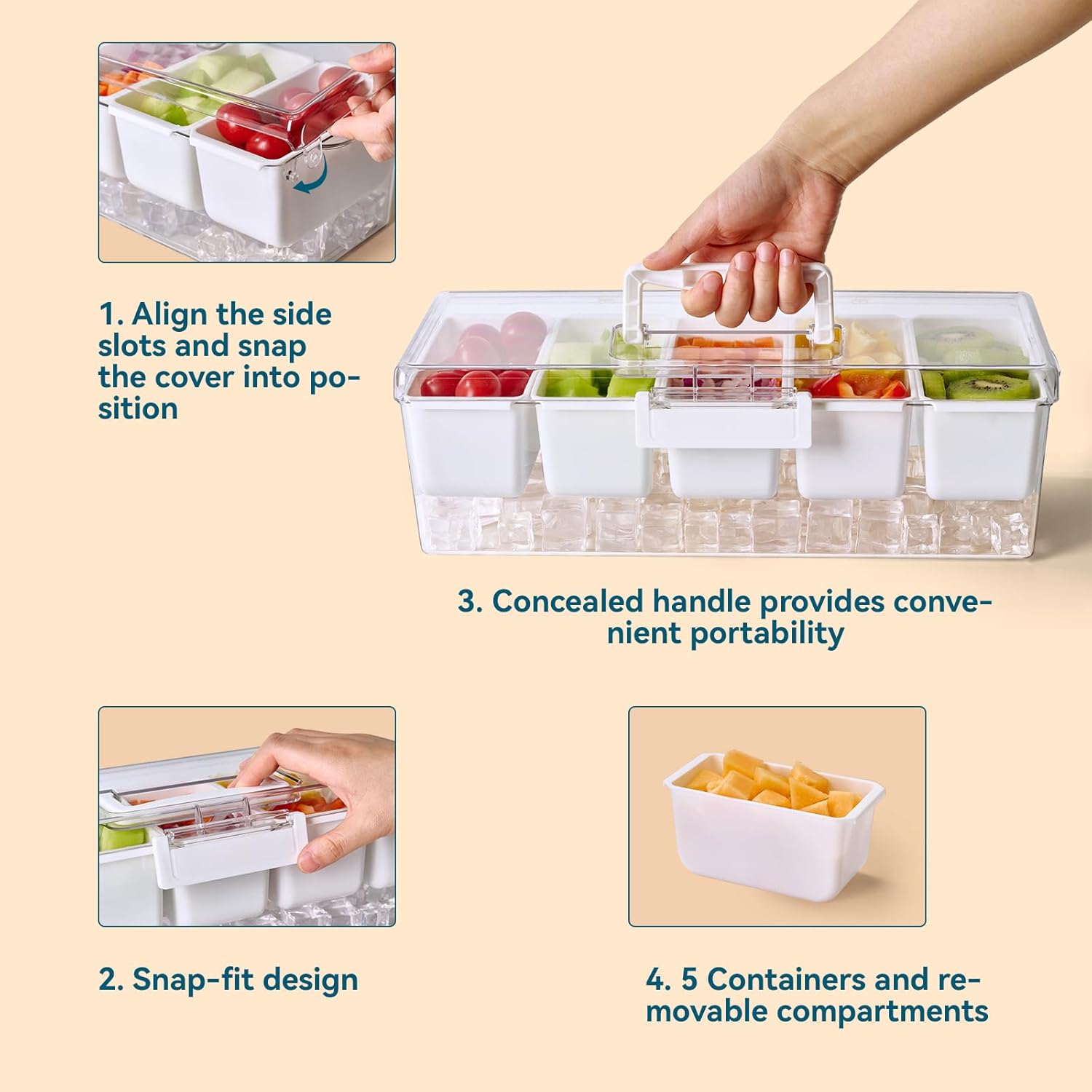 Chilled Condiment Caddy Server with 5 Removable Compartments Containers & Hidden Handle Design, Ice Chilled Condiment Tray Organizer, Clear Garnish Tray for Camping, Kitchen, Fruit, Salad - Image 4