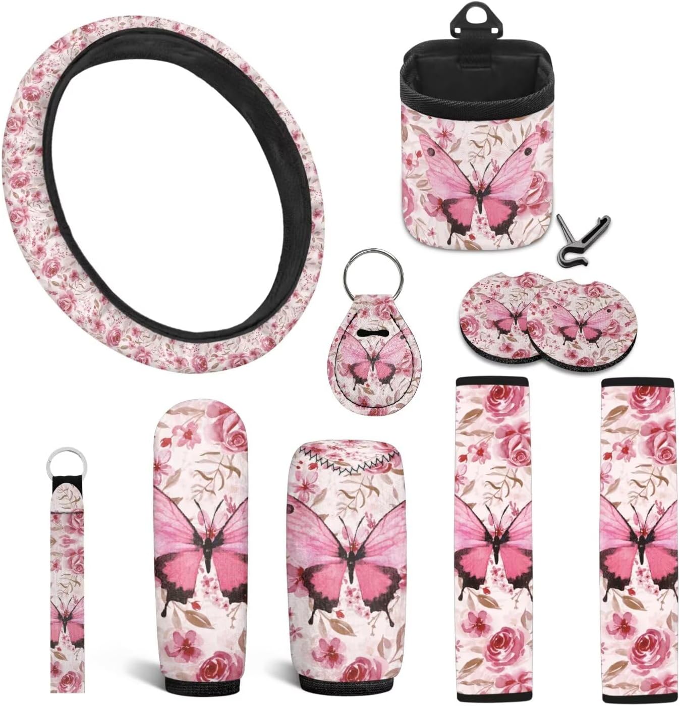 10 Pack Butterfly Car Steering Wheel Cover Set Purple Car Interior Accessories with Seat Belt Pad,Handbrake and Shift Covers,Keychain,Coasters Summer Essential