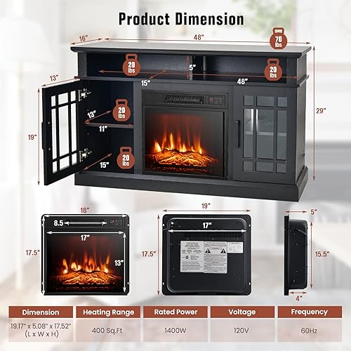 Miniatura 7 de GOFLAME Soporte de TV con chimenea para TV de hasta 55 pulgadas, centro de entretenimiento de madera independiente con chimenea eléctrica de 18