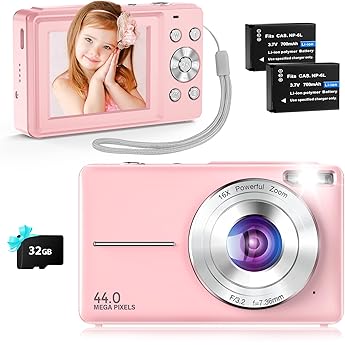 Digital Camera Compact Photo Camera 44MP Compact Digital Cameras with 1080P HD Video 32GB TF Card 2.4 Inch IPS Screen Two Batteries 20 Filters Anti-Shake for Children Teenagers Beginners Pink