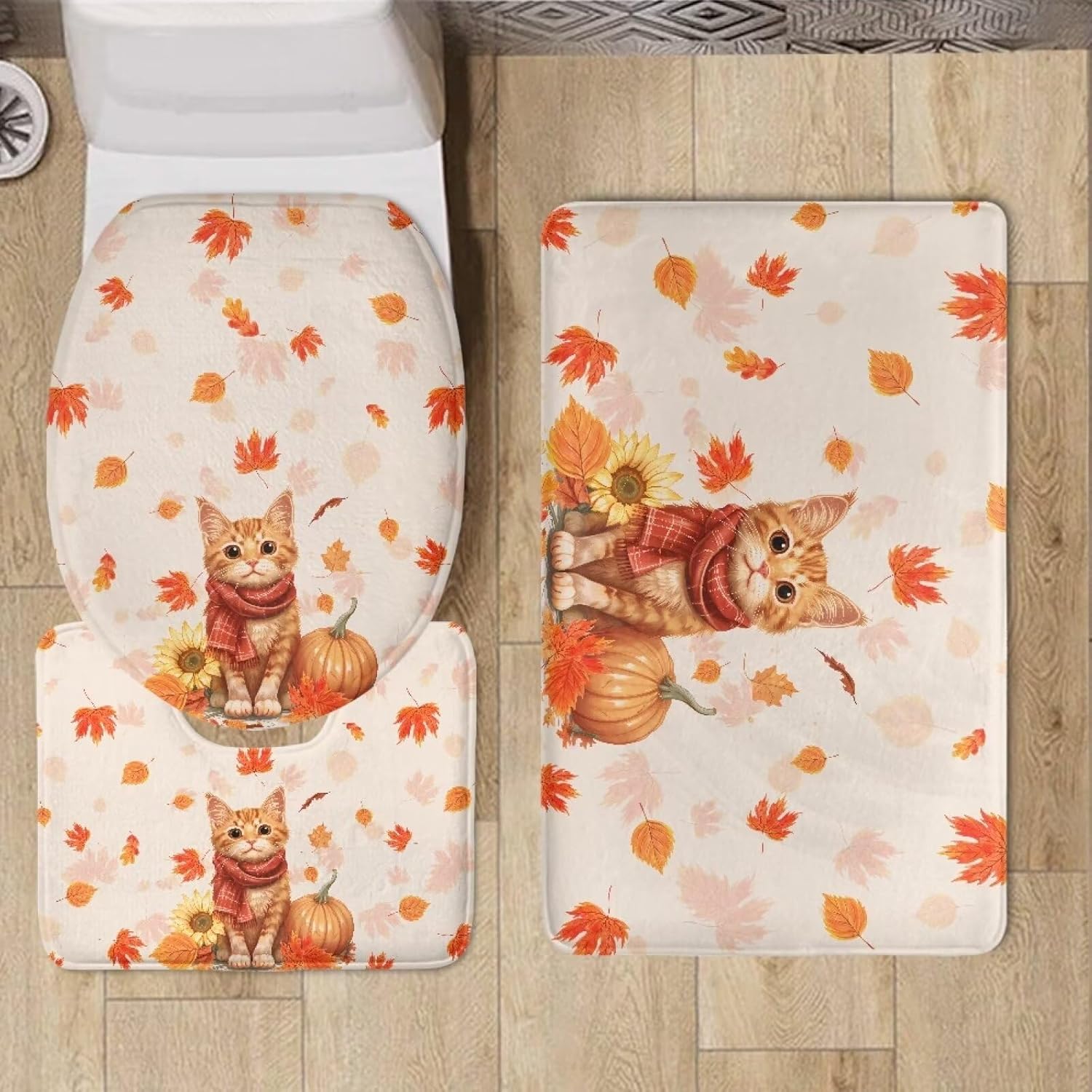 Orange Cat Bathroom Rugs Sets Maple Leaf 3 Piece Non-Slip 3 Piece Bathroom Rug Set Soft Contour Rug + Toilet Lid Cover + Bath Mat Bathroom Decor Bathroom Rug Sets 3 Piece with Toilet Cover