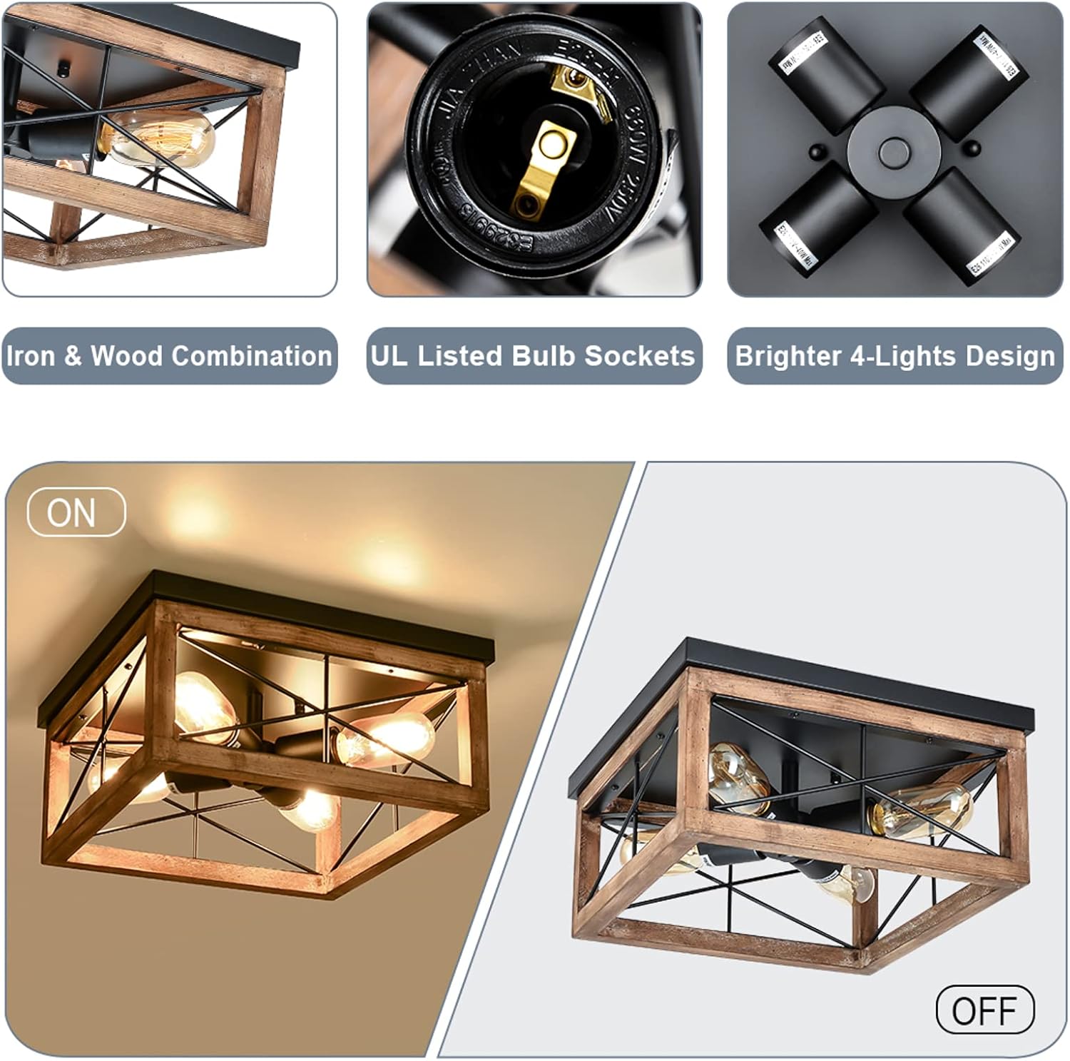 Black Friday - 50% OFF Eyassi Wooden Flush Mount Ceiling Lights, 4-Light Farmhouse Close to Ceiling Lighting Fixtures Black Ceiling Lamp for Kitchen Island Living Room Bedroom Hallway Laundry Entryway Exclusive Special Eyassi Wooden Flush Mount Ceiling Lights, 4-Light Farmhouse Close to Ceiling Lighting Fixtures Black Ceiling Lamp for Kitchen Island Living Room Bedroom Hallway Laundry Entryway