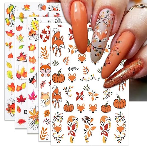 Fall Nail Art Stickers, Thanksgiving Day Fox Nail Decals, 3D