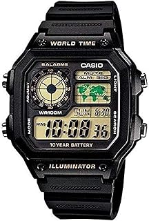 ساعة رقمية بتوقيت عالمي و5 منبهات بتصميم مقاوم للماء حتى 100 متر من كاسيو، ديجيتال، بمينا أسود، للرجال