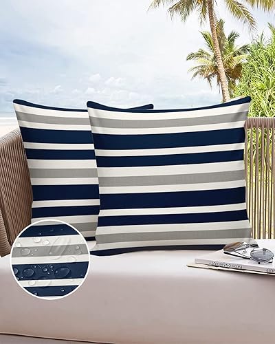 Miniatura 6 de Fundas de almohada impermeables para exteriores, 16 x 16 pulgadas, cojines azul marino para sillas de muebles de jardín, patio, juego de 2, rayas