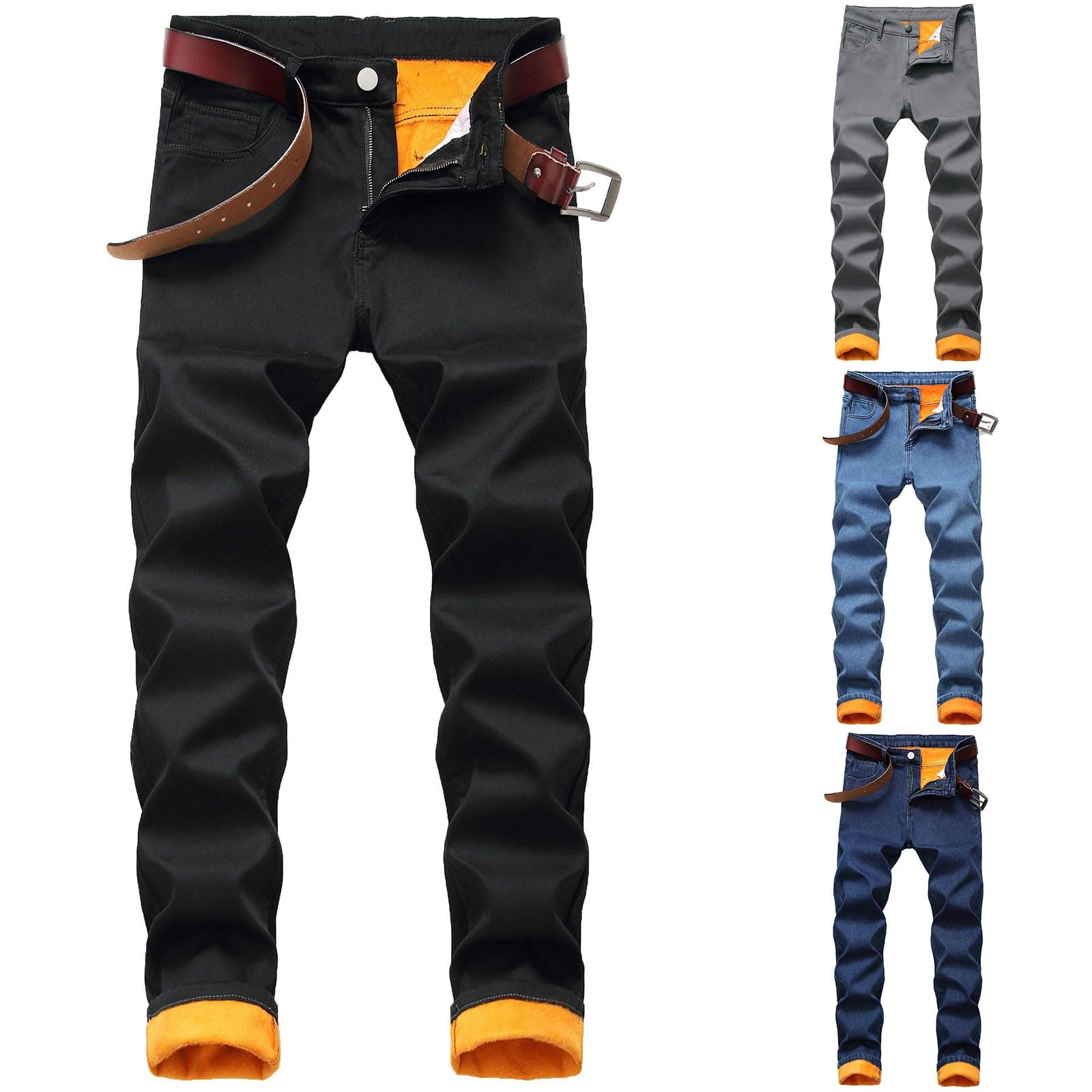 Pantalones de mezclilla ajustados para hombre, pantalones de mezclilla de invierno para hombre, con forro polar, térmicos, cónicos, pantalones ajustados y cálidos, color sólido, pantalones casuales