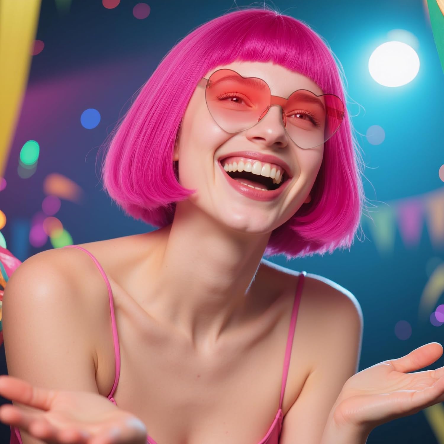 (Wig Cap + Hot Pink Bob Wig with Sunglasses for Women Short Straight Synthetic Colorful Neon Party Wigs for Halloween Costume Womens Hot Pink Cosplay Wigs for Adults Halloween Anime Outfit - Image 4