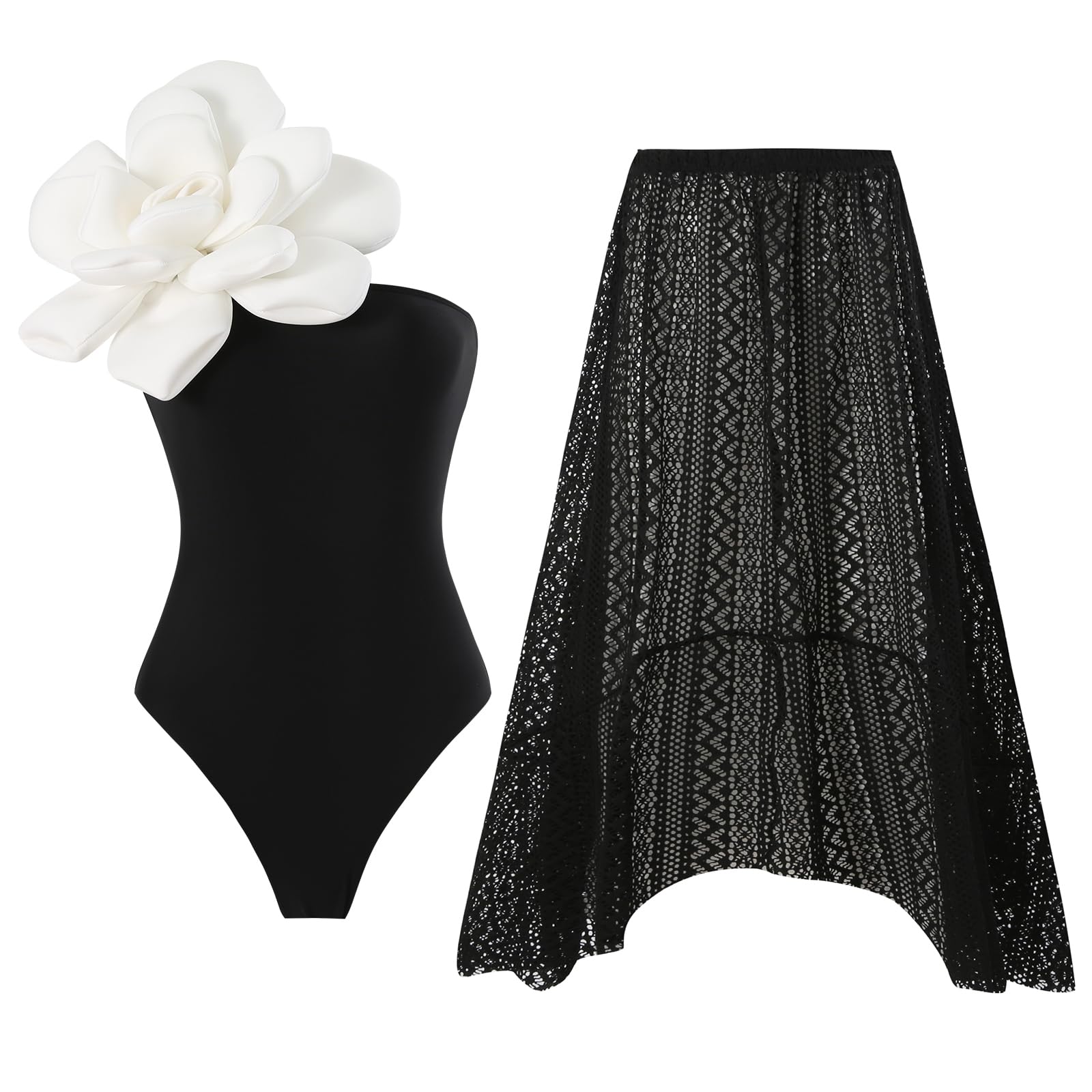 IDOPIP Women's One Piece Swimsuit with Beach Cover up Wrap Skirt Sarong Retro Floral Print Bikini Set Two Piece Bathing Suits