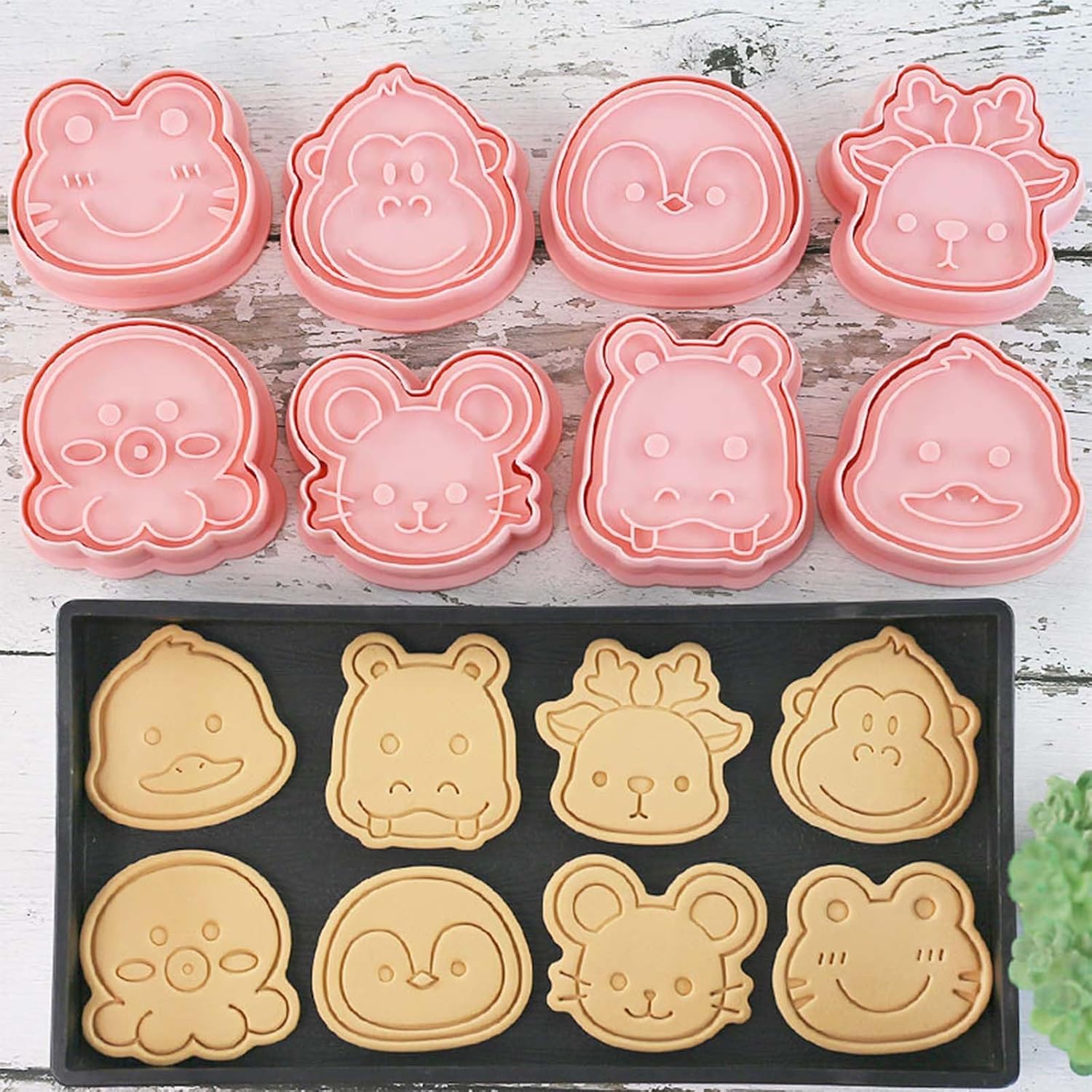 8 Mini Animal Cookie Cutters Set, 3D Raised Design Animal Embossing Stamps, Duck, Hippo, Deer, Gorilla, Octopus, Penguin, Mouse, Frog, Baking Molds (Forest-1)