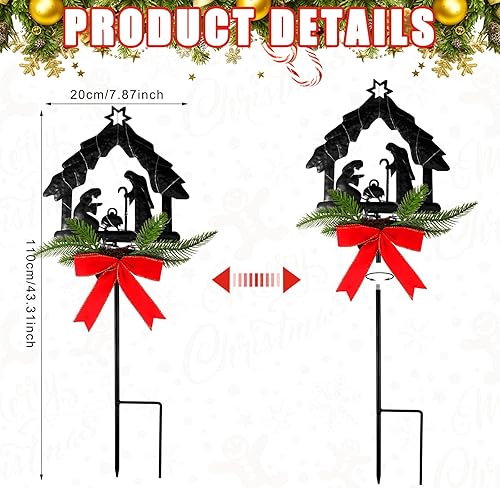 Miniatura 4 de 2 luces solares iluminadas de Navidad con estaca de belén, estaca de metal, impermeable, luz sagrada, decoración al aire libre con flor de pascua