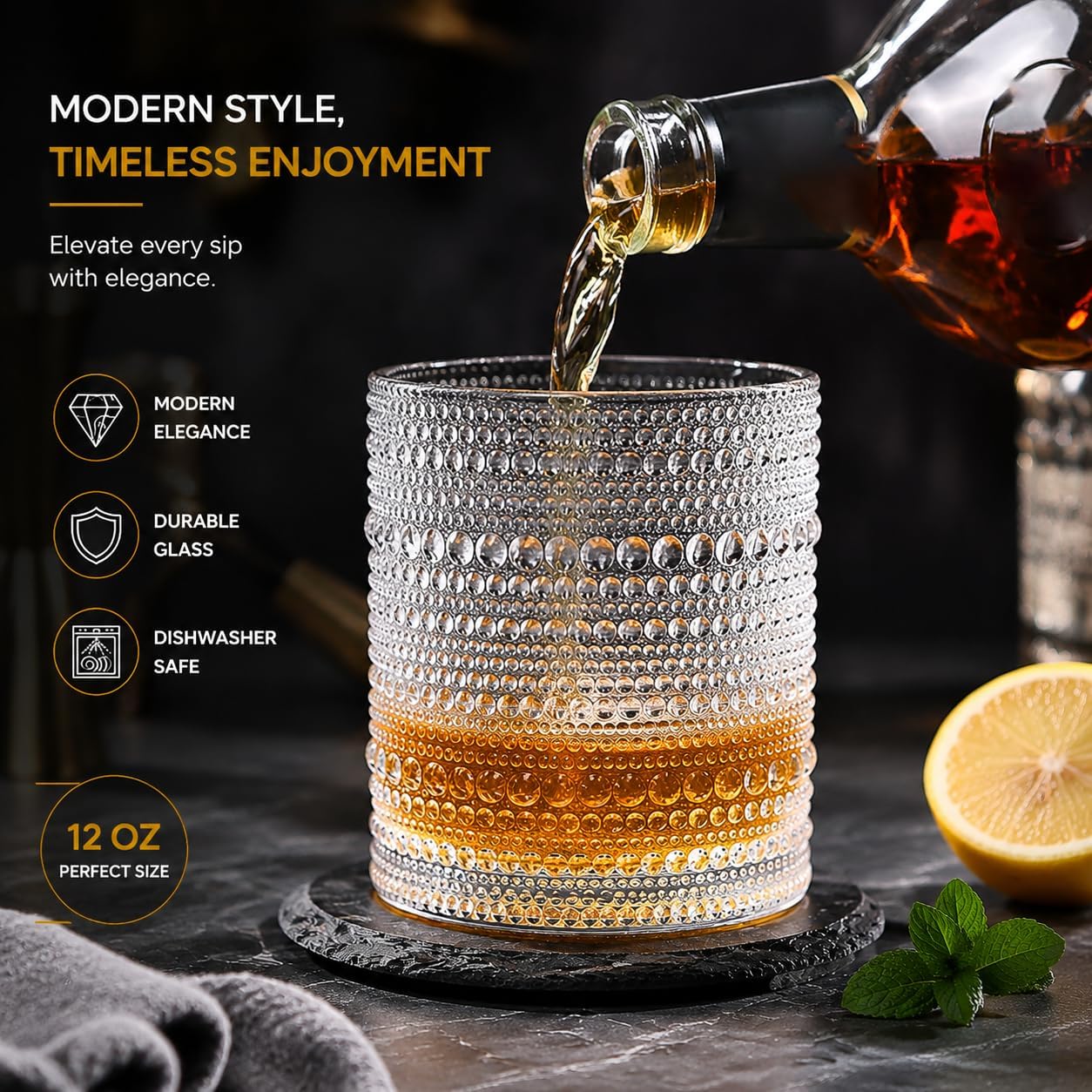 Hobnail Drinking Glasses Set of 2, 12 Oz Highball Glasses, Clear Embossed Boho Glass Cups Kitchen Bar Tumbler Glassware Set for Whiskey, Cocktail Glasses,Beer, Juice, Milk