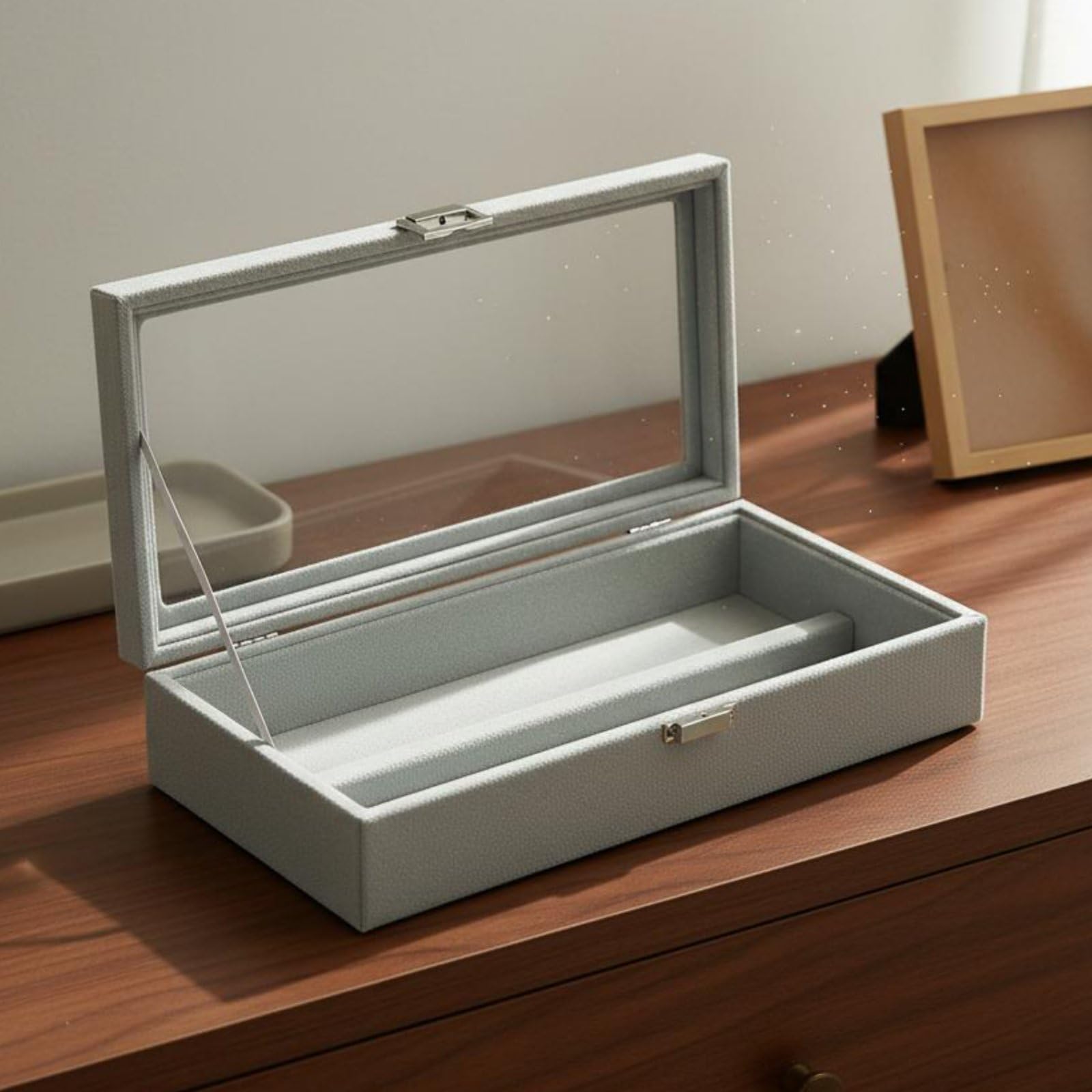 harayaa Brillen Aufbewahrungsbox Brillenetui Brillenorganizer Sonnenbrillenbox Schmuckkasten mit Pu Und Samt Futter Transparenter Deckel Und Metallverschluss, Weiß, Leder