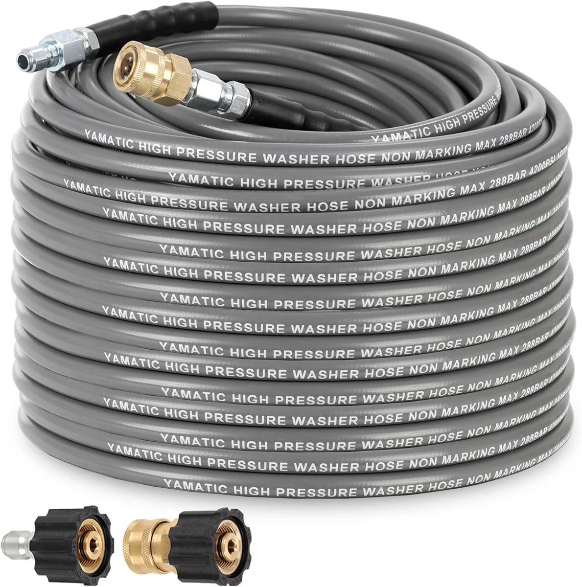YAMATIC Non Marking 1/4" 4200 PSI Pressure Washer Hose 100 FT for Hot/Cold Water Rubber Wire Braided, Kink Resistant Swivel Quick Connection, Industry Grade for Power Washer, Super Wear Resistant