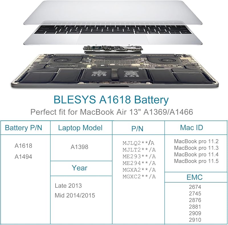 Baterie de schimb BLESYS A1618 pentru laptop MacBook Pro 15 inchi Retina A1398 Late 2013 Mid 2014 2015 A1494 11,36V 8755mAh 99,5Wh