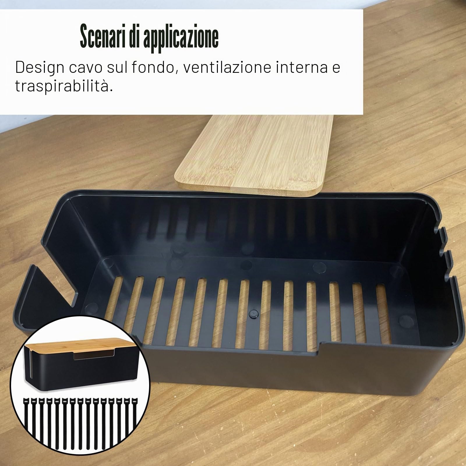 Scatola Portacavi, 30x13x10cm Scatola Nascondi Cavi con Coperchio in Legno, Fascette e Supporti per Cavi, per la Raccolta di Fili da Scrivania, Nero