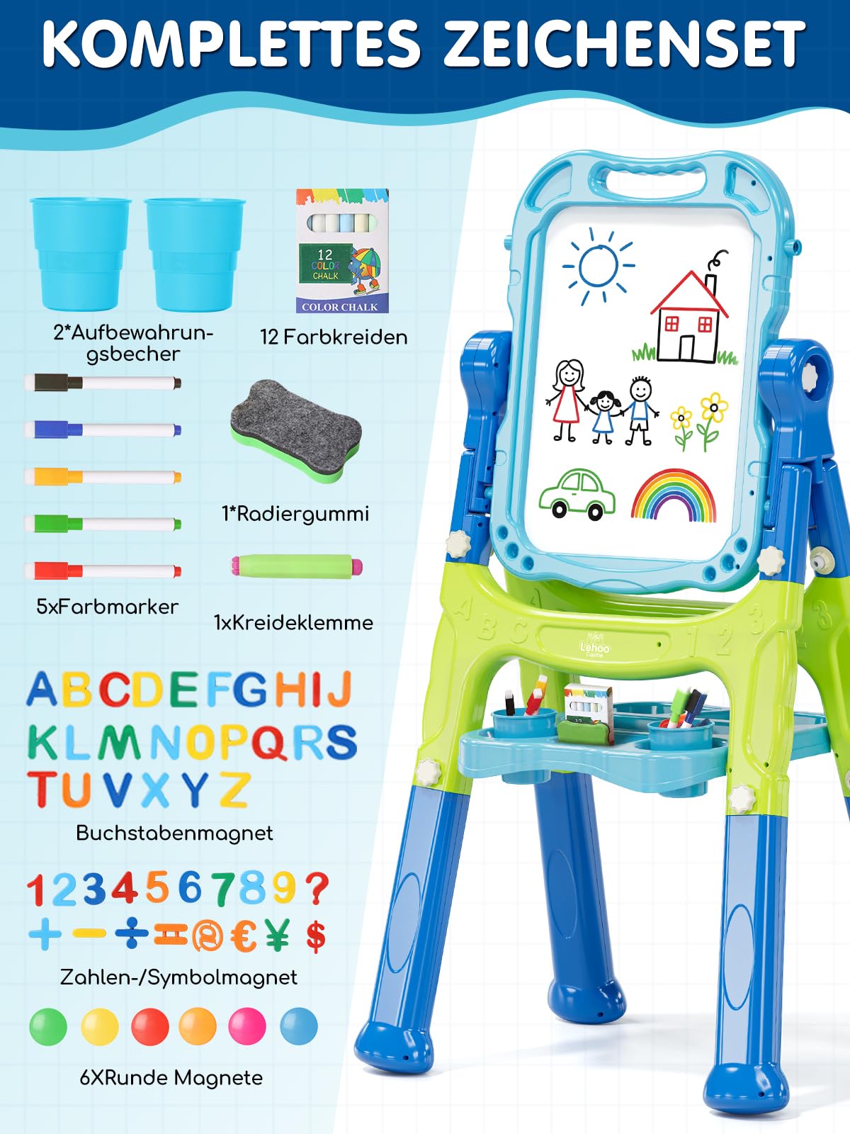 Lehoo Castle Tafel Kinder, Kindertafel mit Kreidetafel & Whiteboard 360 drehbare Höhenverstellbar schultafel für kinder mit Zubehör, Spielzeug ab 3 jahre mädchen Jungen(Blau)