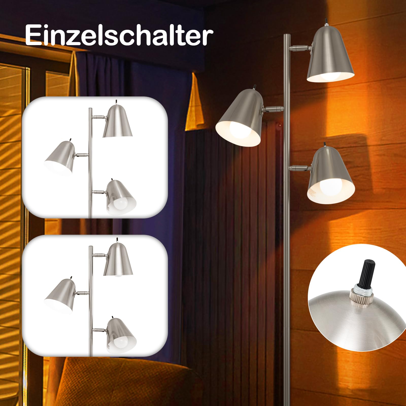 COSTWAY 163cm Stehlampe 3 flammige, Stehleuchte mit 3 E27 Glühbirnen & 360° verstellbaren Lampenschirmen & schwerer Fuß, Lesestehlampe für Wohnzimmer, Schlafzimmer, Büro (Silber)