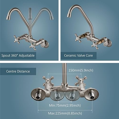 Miniatura 3 de Aolemi Grifo de cocina de montaje en pared, centro de 6 pulgadas con caño giratorio, extensión ajustable, 2 manijas cruzadas, lavabo, mezclador,