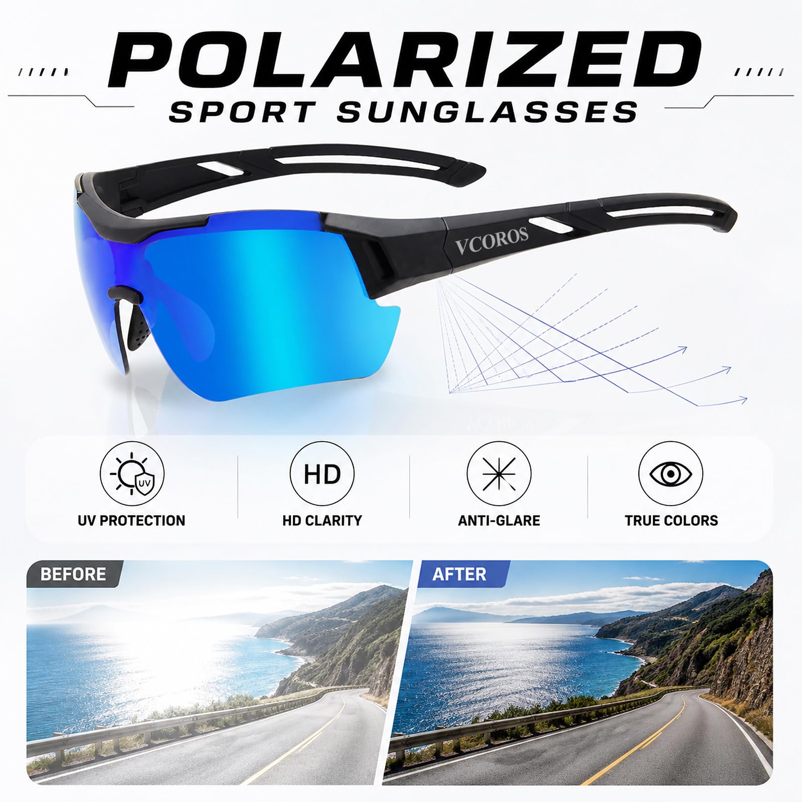 VCOROS Lunette de Cyclisme JN007 Lunettes velo Homme Femme Protection UV400 Monture TR90 Lunette de Soleil Sport pour Cyclisme Moto Pêche Conduire