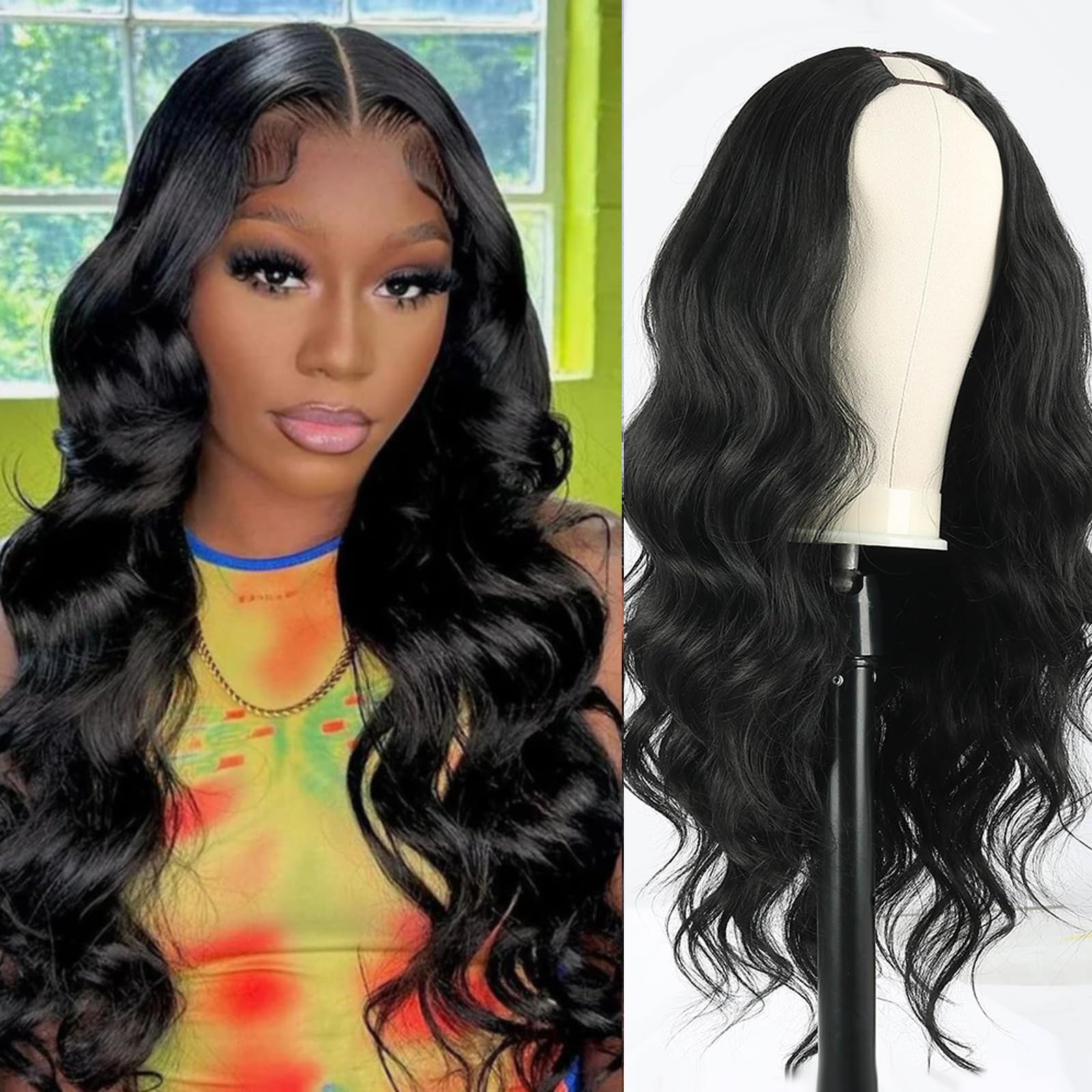 Mayouda Black V Part Wig Body Wavy Wig Upgrade U Part Synthetic Wigs for Black Women Full Head Clip In Hair Glueless 24Inch Hair Replacement Synthetic Wigs (Black)