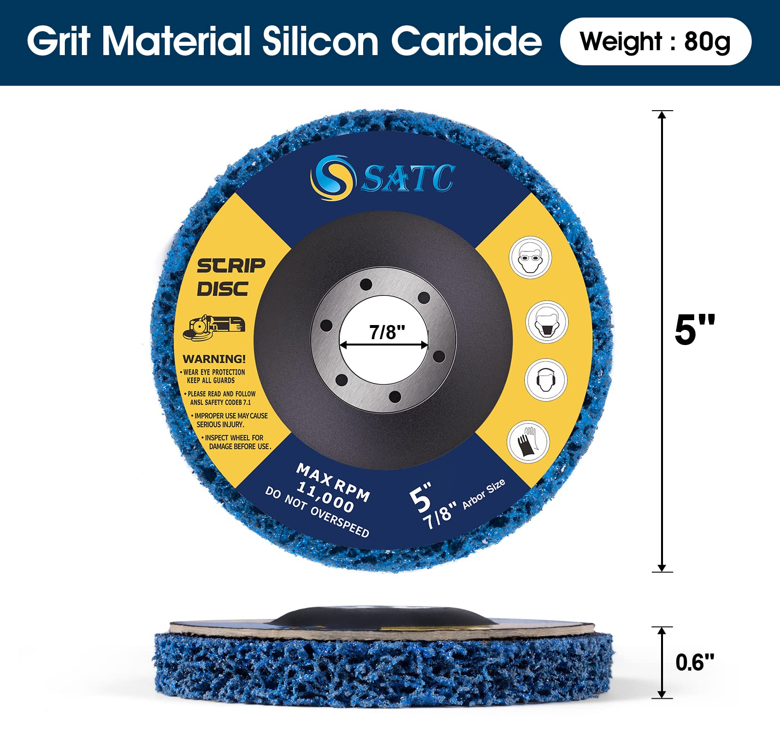 S SATC Disco de tira azul de 5 x 7/8 pulgadas, disco de tira de carburo de silicona de alta calidad para amoladora angular, 5 unidades