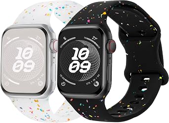 2 Pack Sport Band Compatible with Apple Watch Bands for Women Men 38mm 40mm 41mm 42mm,Colorful Flakes Design Soft Silicone Strap for iWatch SE Series 10 9 8 7 6 5 4 3 2 1,Black Transparent