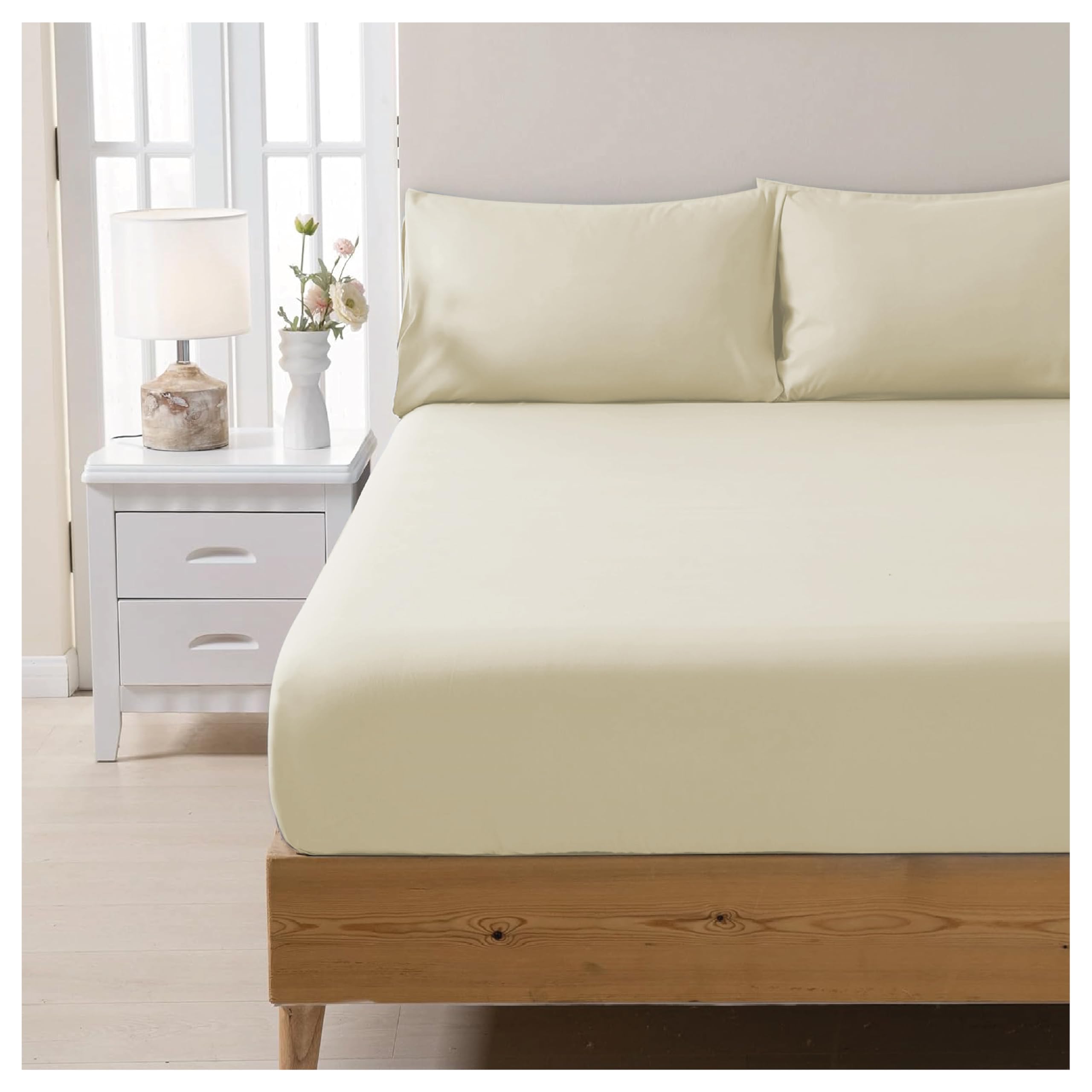 Apex Furnishings 100% Egyptian Cotton 300 Thread Count Single Fitted Sheet - Easy Care Hotel Bedding Crisp & Breathable Bed Sheets, Cream (90x190cm)