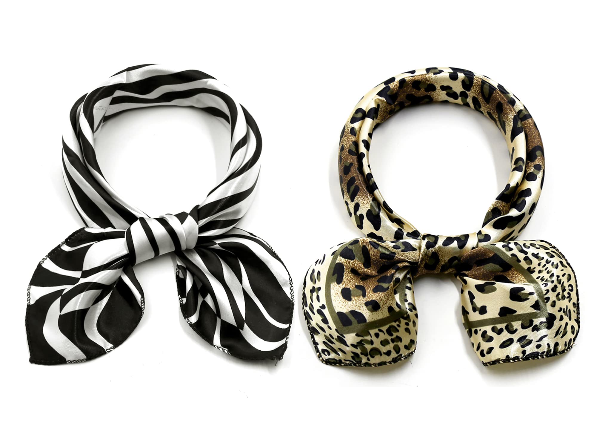 Elerevyo 2Pcs Women's Satin Silky Scarves - 19.6"x19.6" - Square Printed Neckerchief Neck Scarf Black Zebra&Gold Leopard 50 * 50cm/19.69 * 19.69"(L*W)