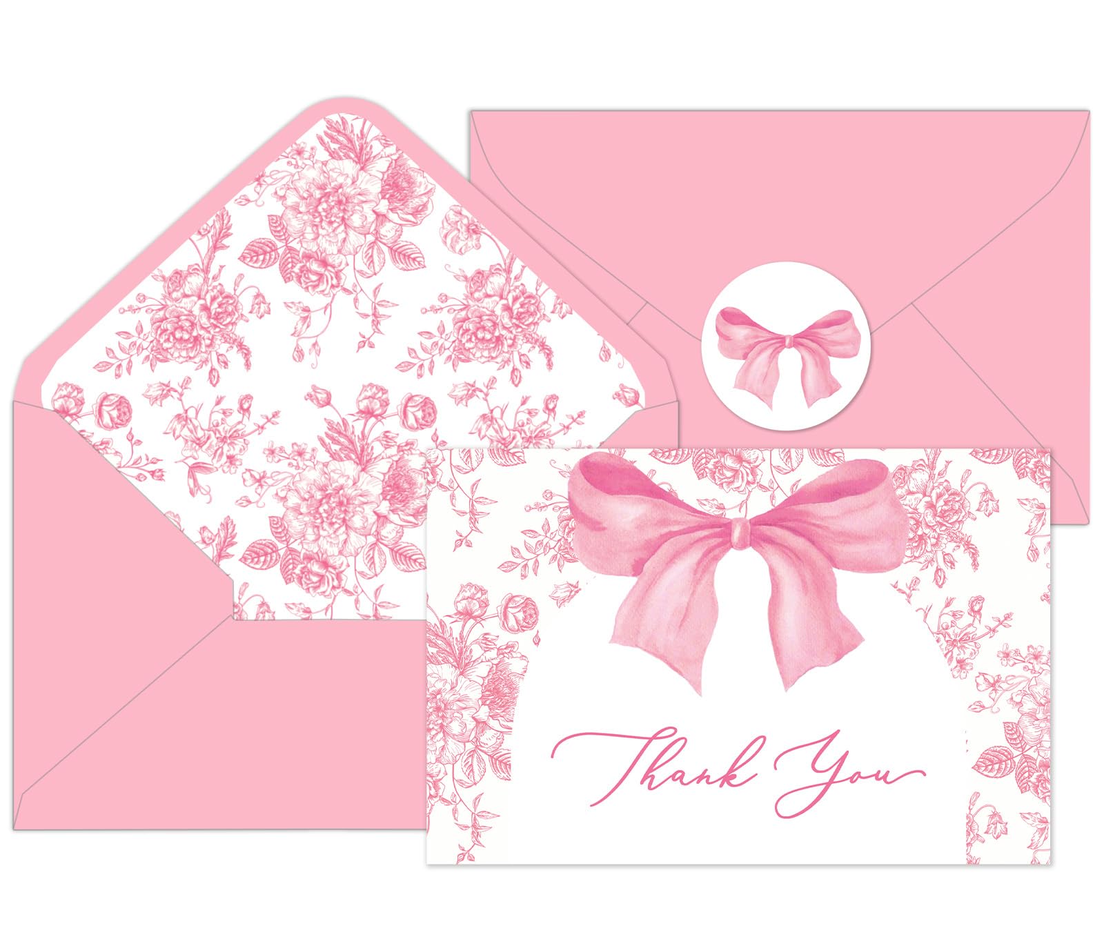 FYSUIMU 24 Packs Pink Bow Thank You Cards Coquette Bowknot Flower Greeting Cards Chinoiserie Blank Note Card with Envelopes and Stickers for Wedding