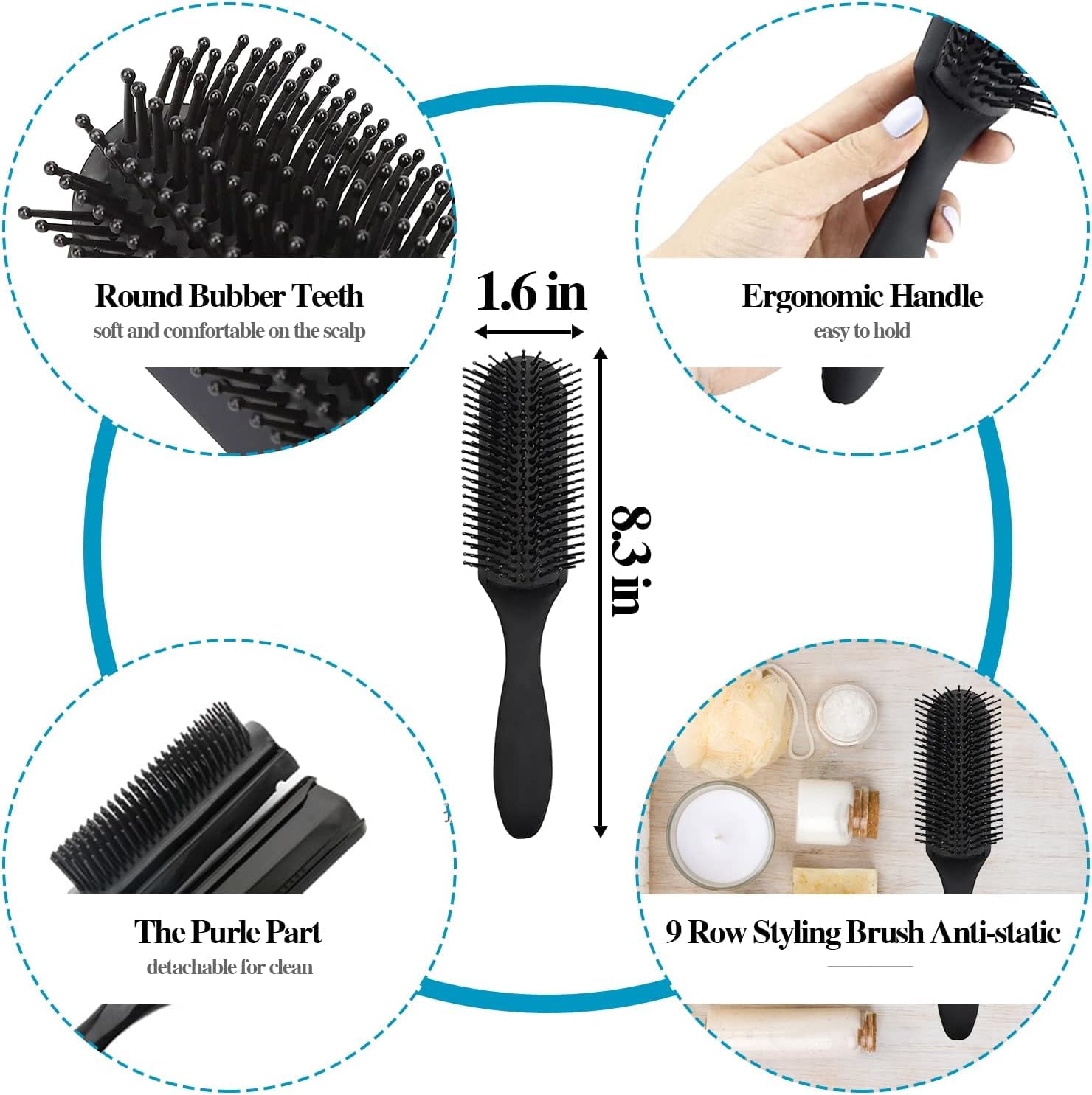 Aozzy 8Pcs Curly Hair Brush Set, Hair Brushes for Women, Round Brush for Blow Drying, Paddle Brush, Fit for Detangling Wet Long Thick Hair, Spray Bottle for Curly Wavy Hair, Family Daily Care（Black）