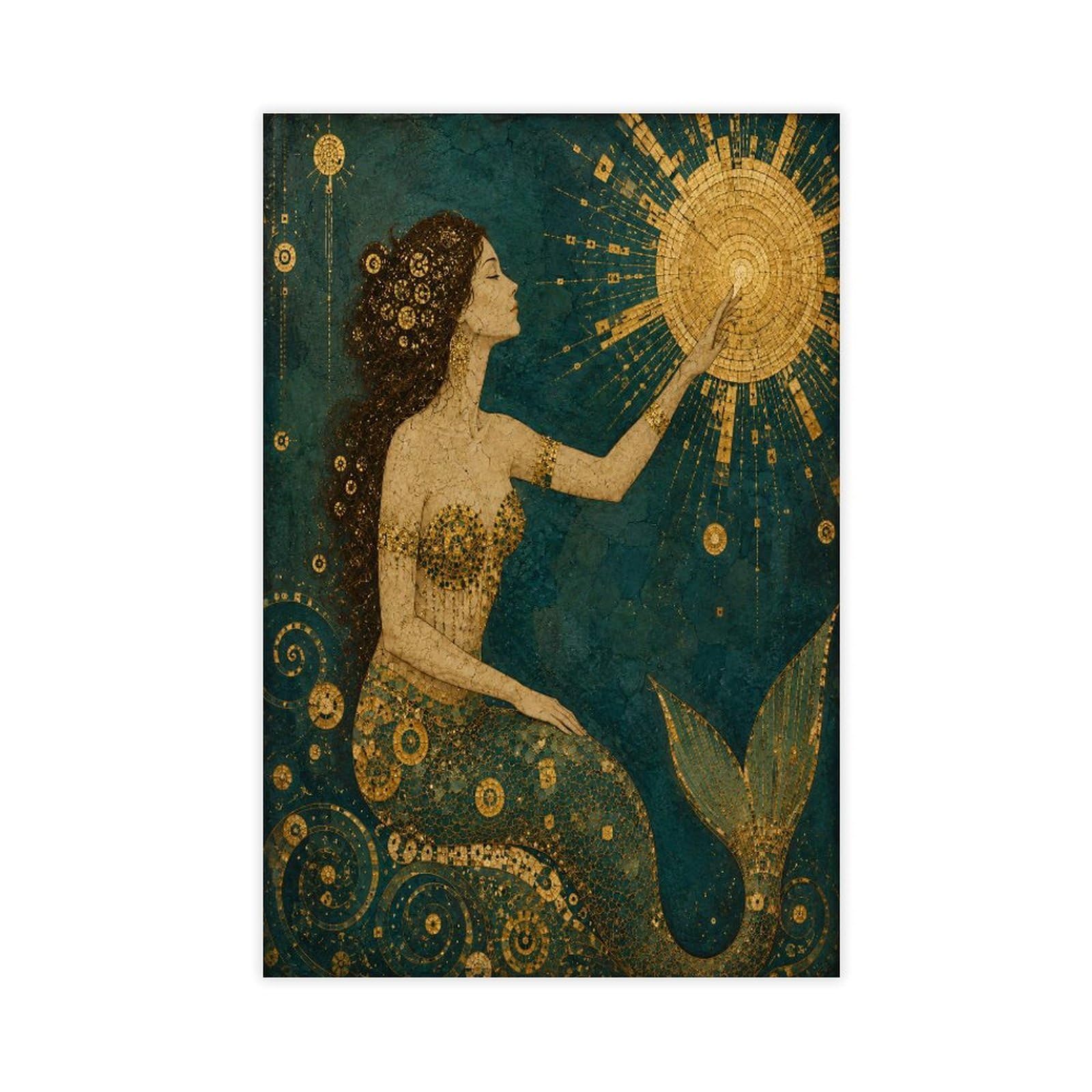 H3b8u2y5 Unframe-Style-18 Mermaid Holding Sun Canvas Wall Art, Botanical Linework Studio