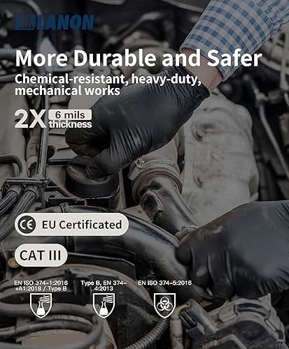 Miniatura 3 de LANON - Guantes desechables de nitrilo negro de 6 mil, resistentes a los químicos, resistentes, mecánicos, con textura, sin látex, grande