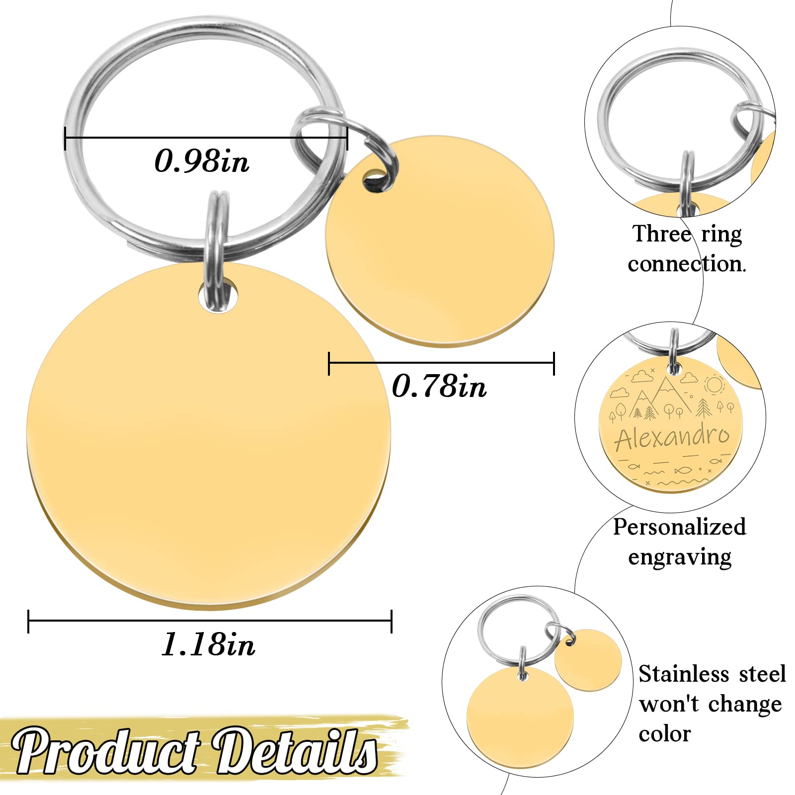 LEREATI Stainless Steel Custom Cat/Dog Tag, Round Pet ID Tag, Double Sided Engraving (Silver)