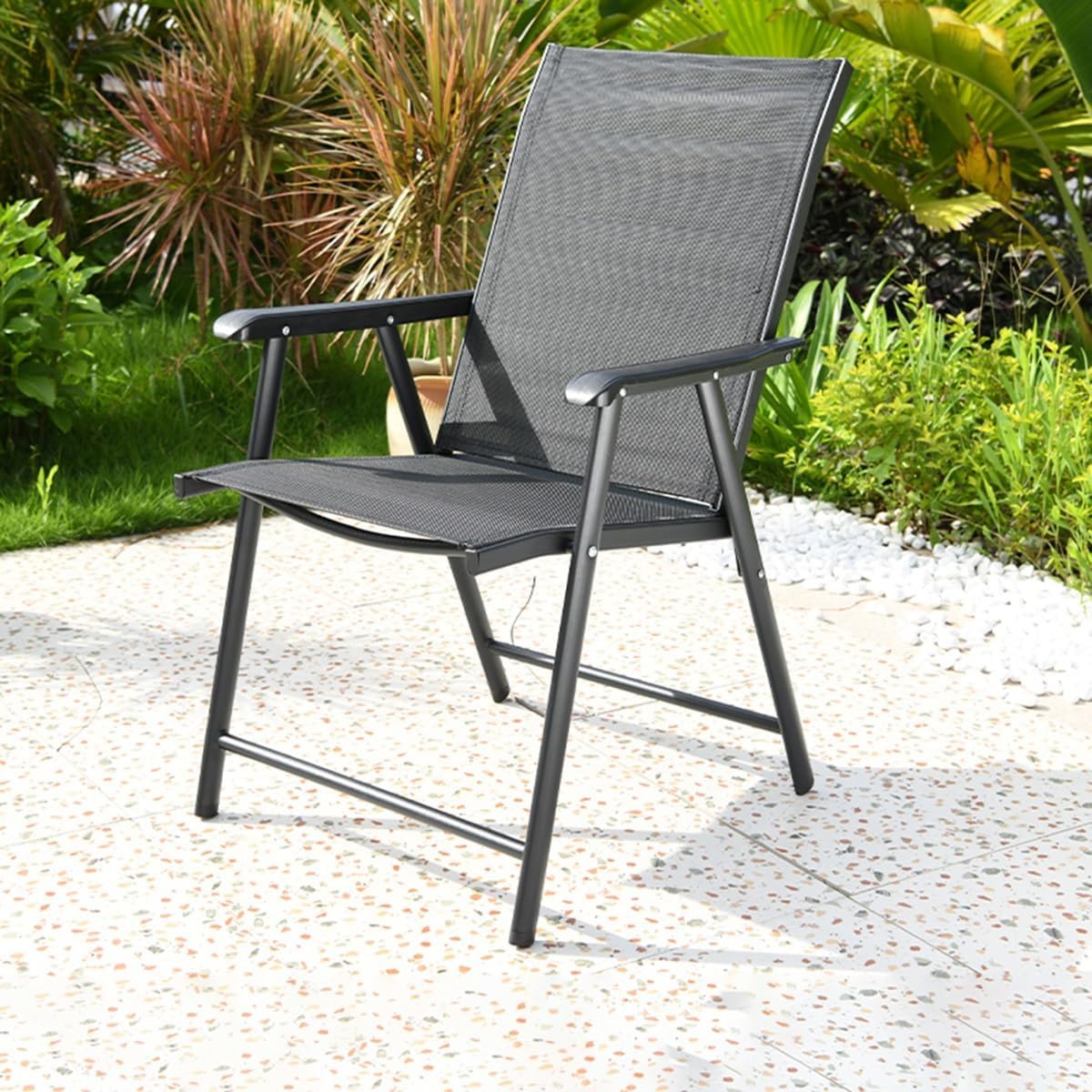 Folding Patio Sling Chairs Set of 2 for Outdoor, Metal Stackable Dining Chair, Camping Beach Chair, Reclining High Back Chairs with Armrest for Lawn Garden Backyard (Color : /Black)
