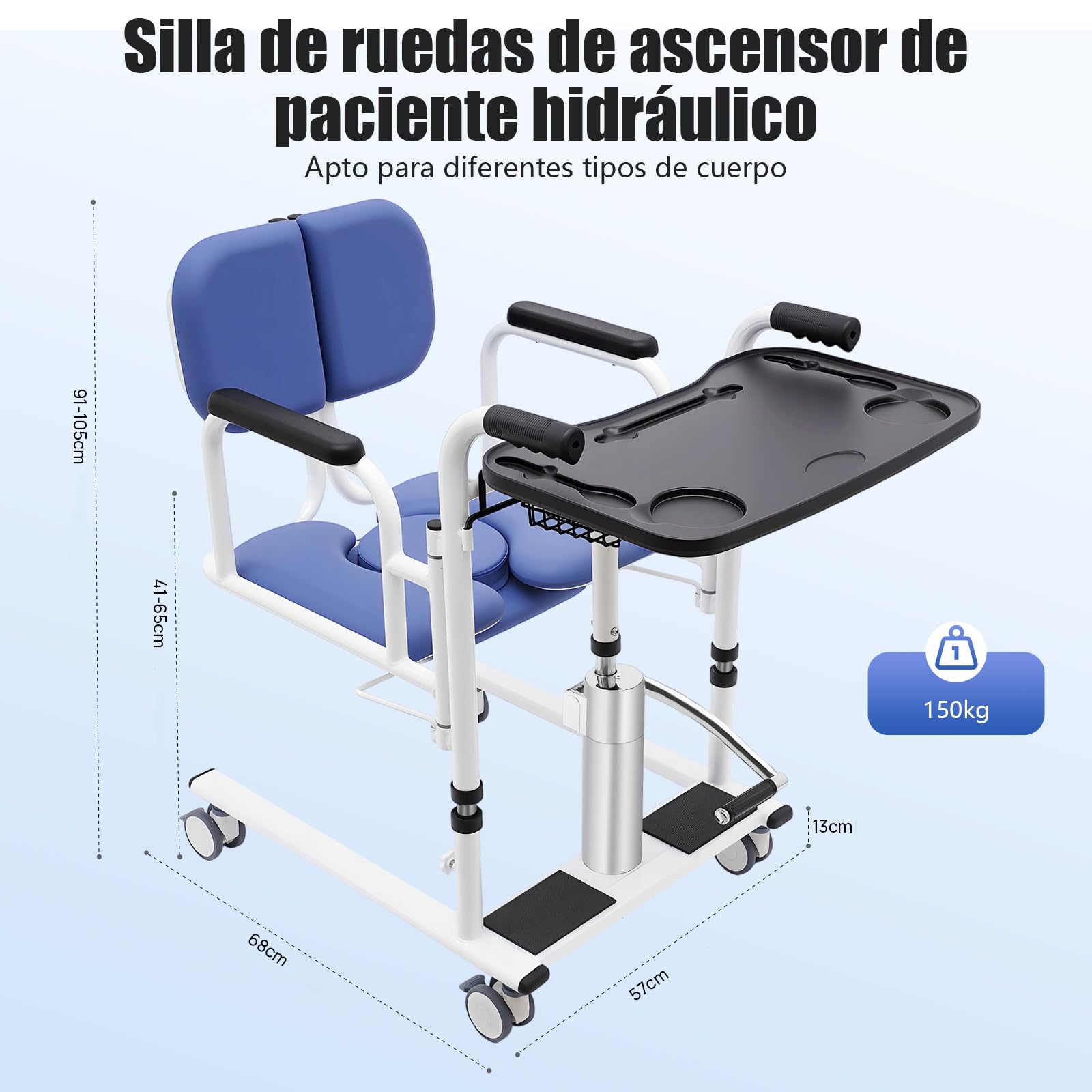 Silla hidráulica de transferencia para pacientes, capacidad de carga de 150 kg, respaldo de apertura de 180°, altura regulable de 41 a 65 cm, elevador de pacientes con mesa, función de aseo, para