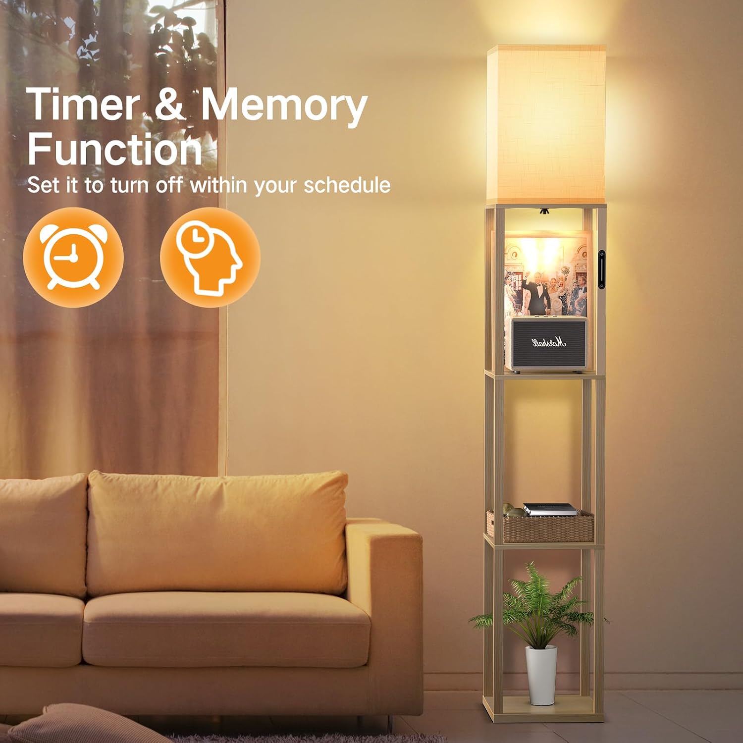Image showing the timer and memory function, with a clock icon and a head icon, indicating the lamp can be set to turn off automatically and remembers settings.