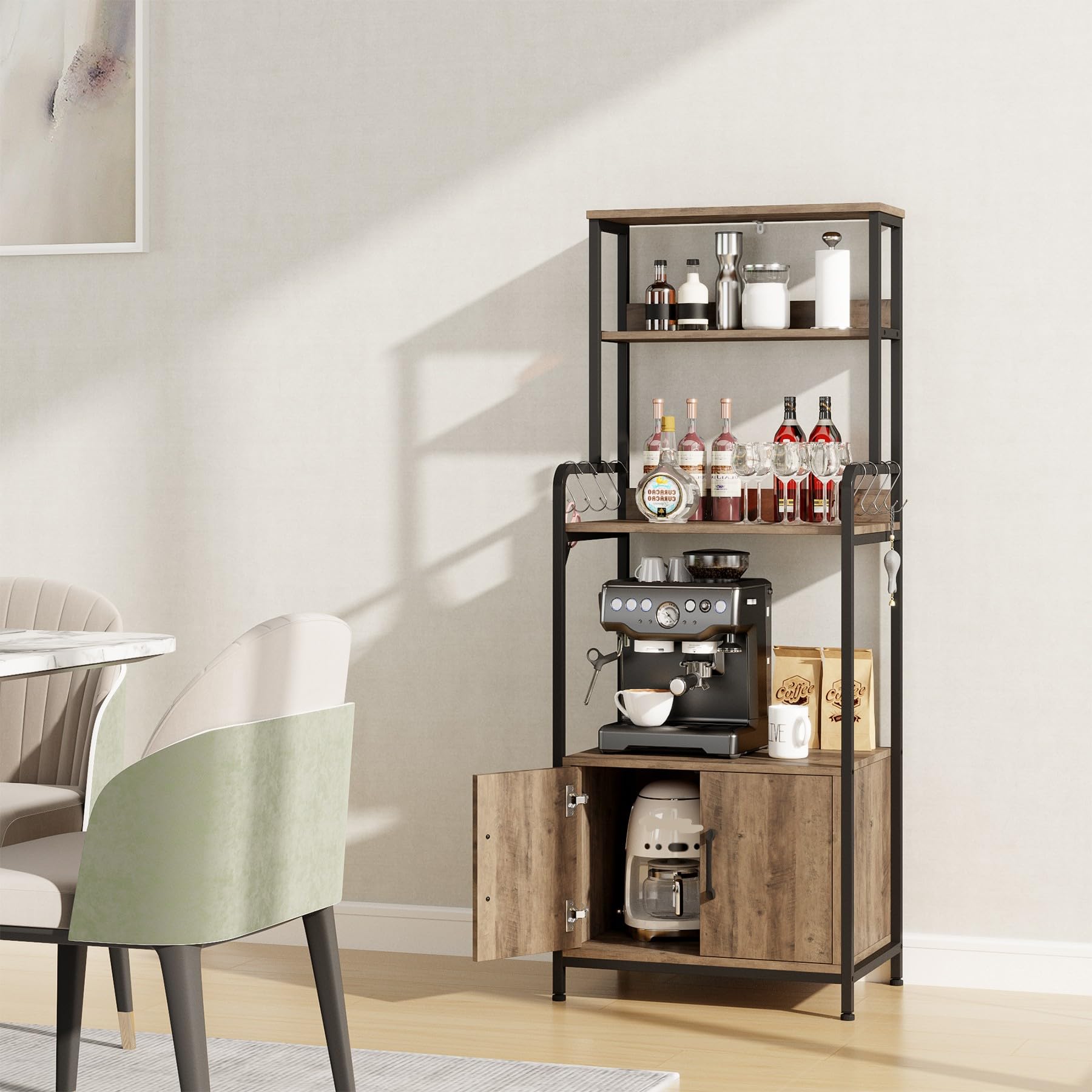 HOCSOK Scaffale da Cucina, Armadio da Cucina, Mobile per Microonde con 2 Ante, 4 Scaffale e 8 Ganci, Mobile Ausiliario per Stoviglie, Spezie, Legno, 60x40x149cm, Antico