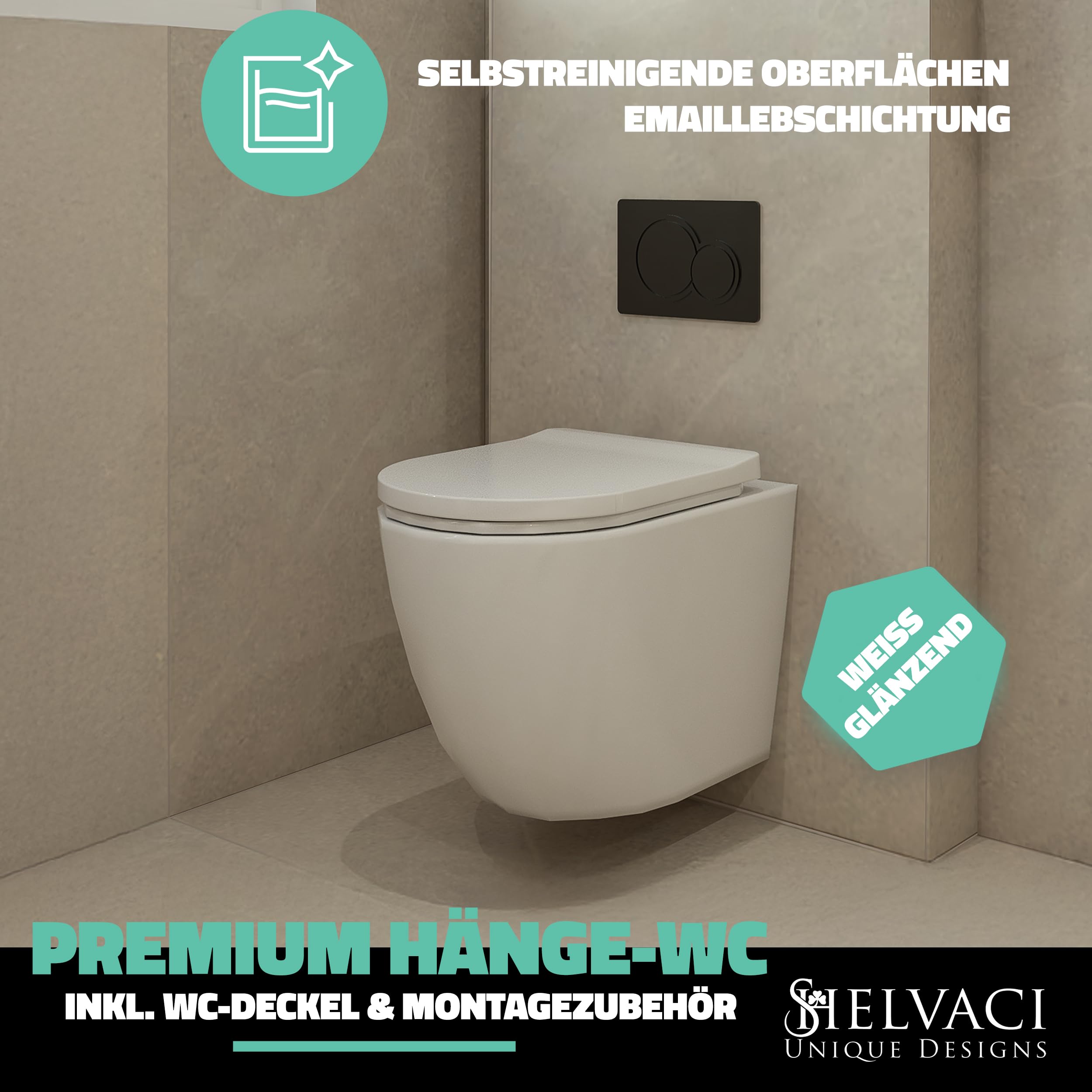 Premium Hänge-WC Toilette Keramik inkl. Toilettendeckel Weiß glänzend (Komplett-Set) - Spülrandloses Wand WC hängend, rund Gr. 490x360x360 - Wand-Toilette Absenkautomatik