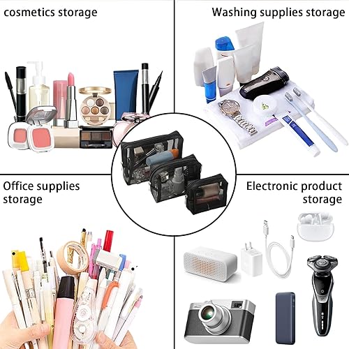 Miniatura 7 de LYDZTION 3 bolsas de maquillaje de malla para cosméticos, bolsa organizadora de viaje con cremallera, bolsa de maquillaje portátil para el hogar,