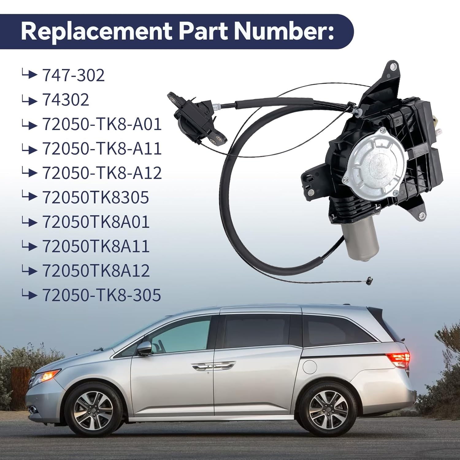 747-302 Driver Side Power Sliding Door Motor Assembly with Cable Harness Compatible for Honda Odyssey 3.5L 2011-2017, Replace# 72050-TK8-305, 72050-TK8-A01, 72050-TK8-A11, 72050-TK8-A12 (Left Side)