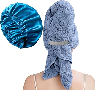 Large Microfiber Hair Towel Wrap & Satin Bonnet Set for Women, Blue | 2-piece set with an absorbent microfiber hair towel and adjustable satin bonnet for drying and overnight protection.