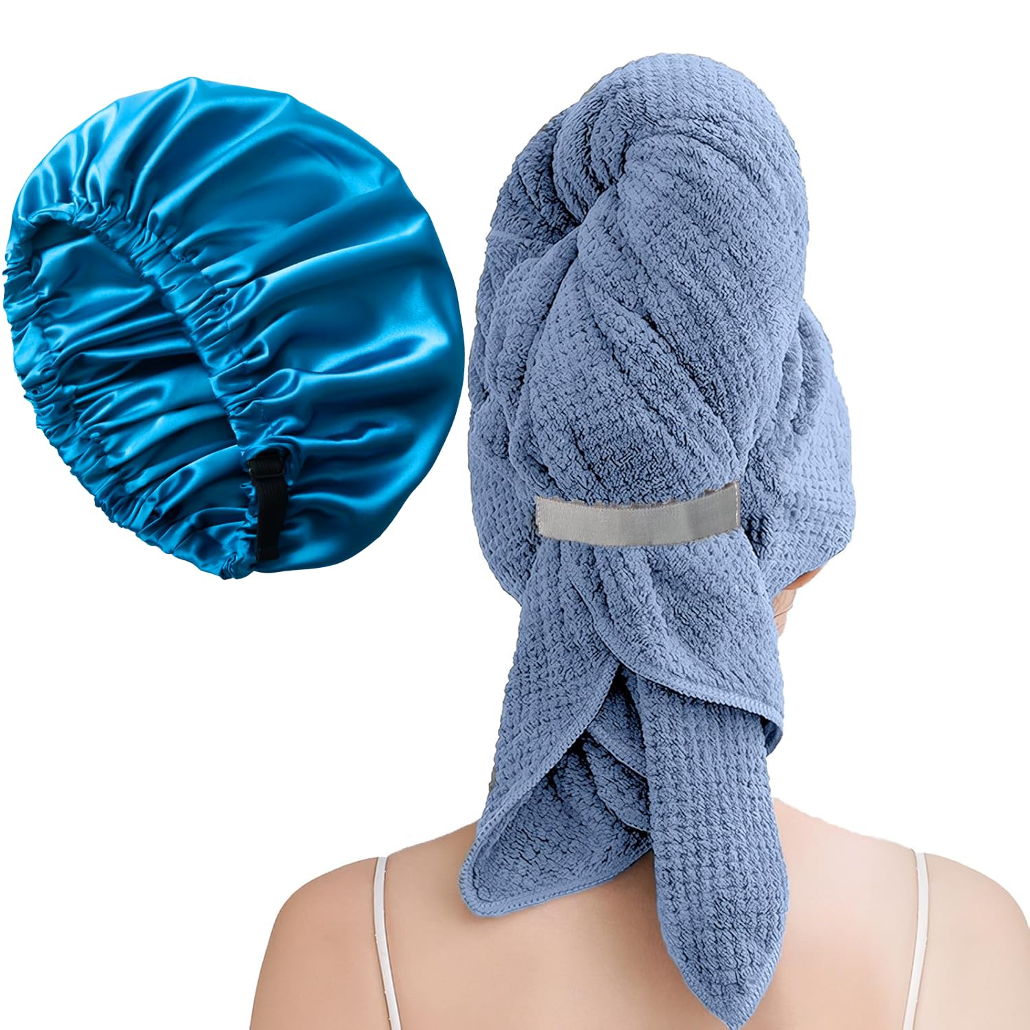 Large Microfiber Hair Towel Wrap &amp; Satin Bonnet Set for Women, Blue
