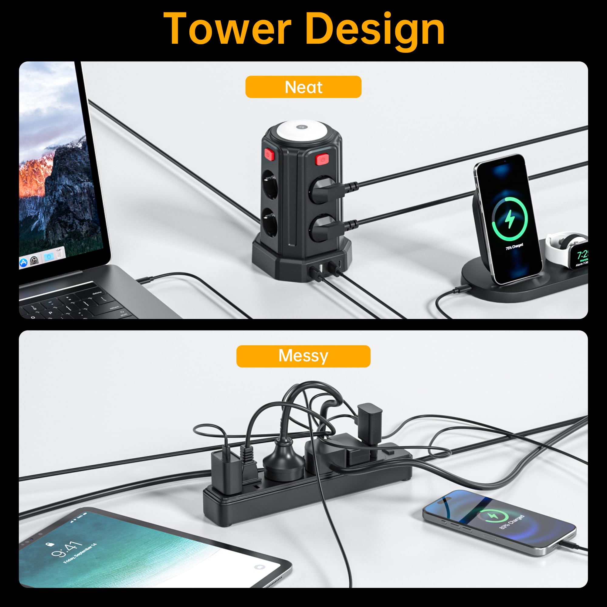 Power Strip (3600W/16A), 2M Power Strip with 8 Sockets and 4 USB Ports, Electric Extension Cable with Switch and Light for Desk, Office, Home