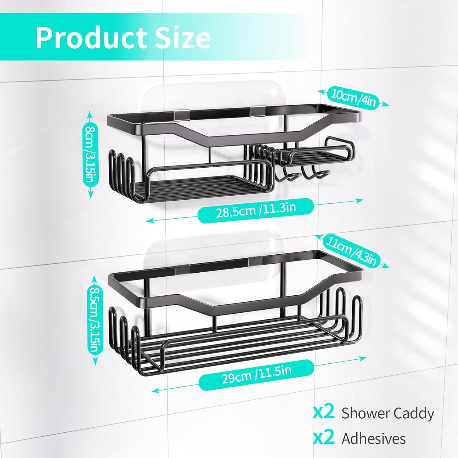 HapiRm Storage Shower Shelves, Shower Caddy organiser with 11 Hooks, Shelf with Razor Holder,Soap Dish,Towel Hook Bathroom Accessories Black,3 Sticker,2 pcs
