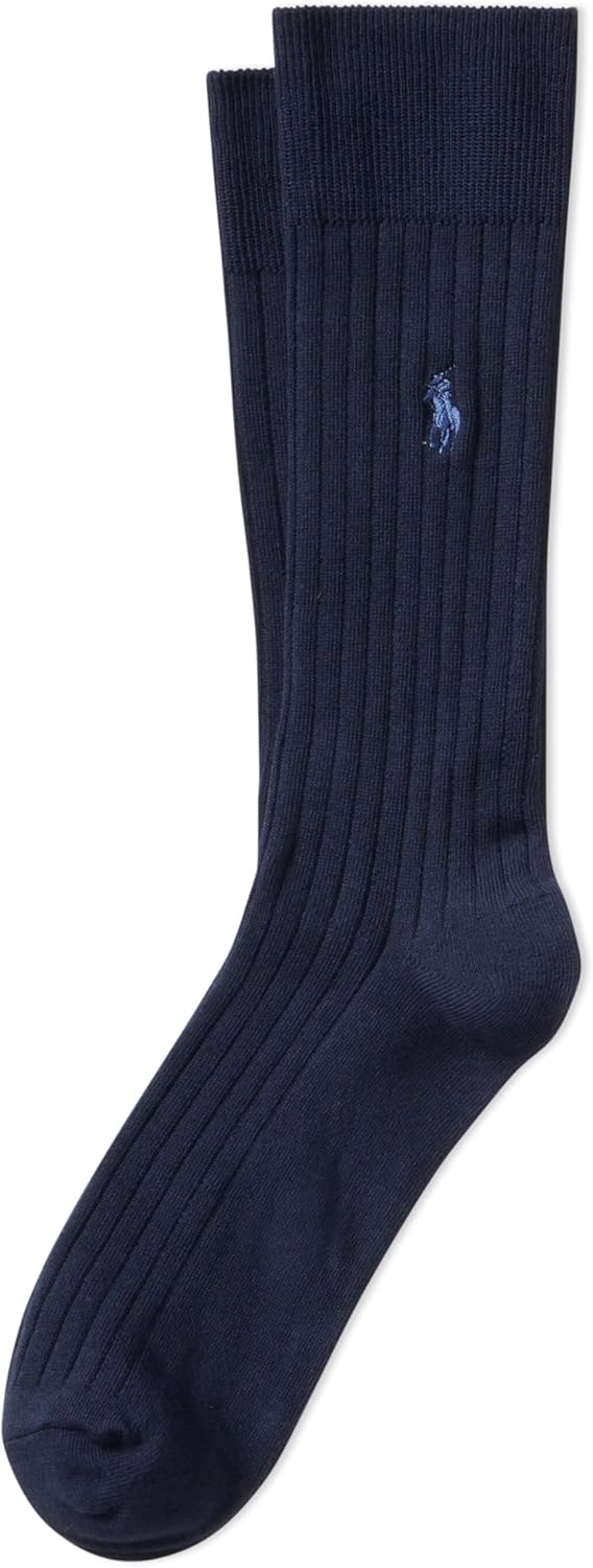 POLO RALPH LAUREN mens Egyptian Cotton Ribbed Dress Slack Crew Socks - 1 Pair Pack - Embroidered Pony